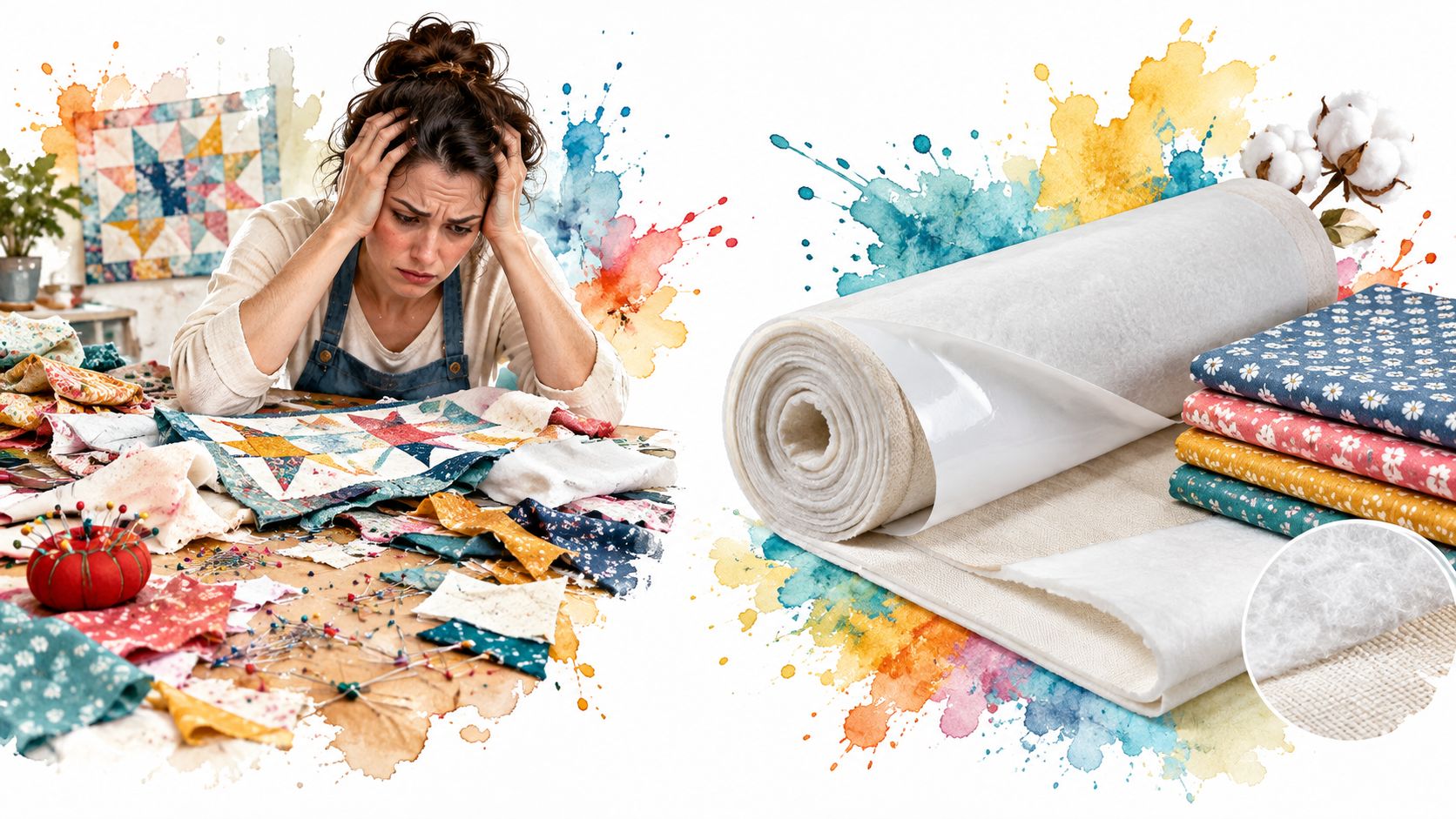 A frustrated quilter working at a table next to a roll of fusible batting and fabric stacks.