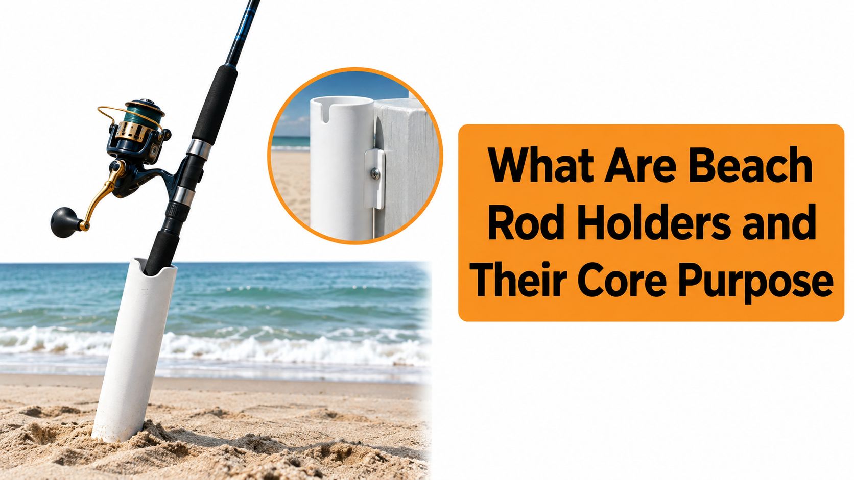 A fishing rod placed in a white PVC pipe beach rod holder on a sandy shore.