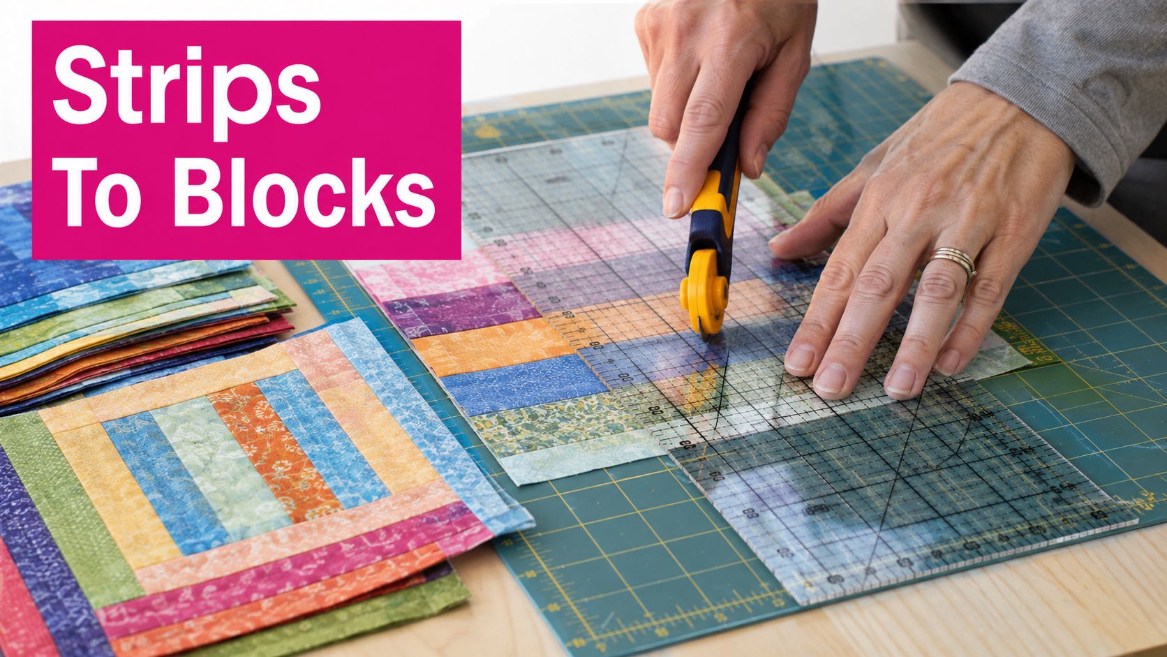 A person using a rotary cutter and a clear ruler to trim colorful fabric strips on a mat.
