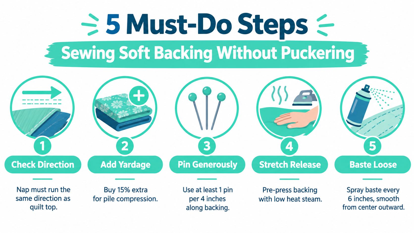 A helpful infographic showing five essential steps for sewing soft quilt backing fabric without puckering or distortion.