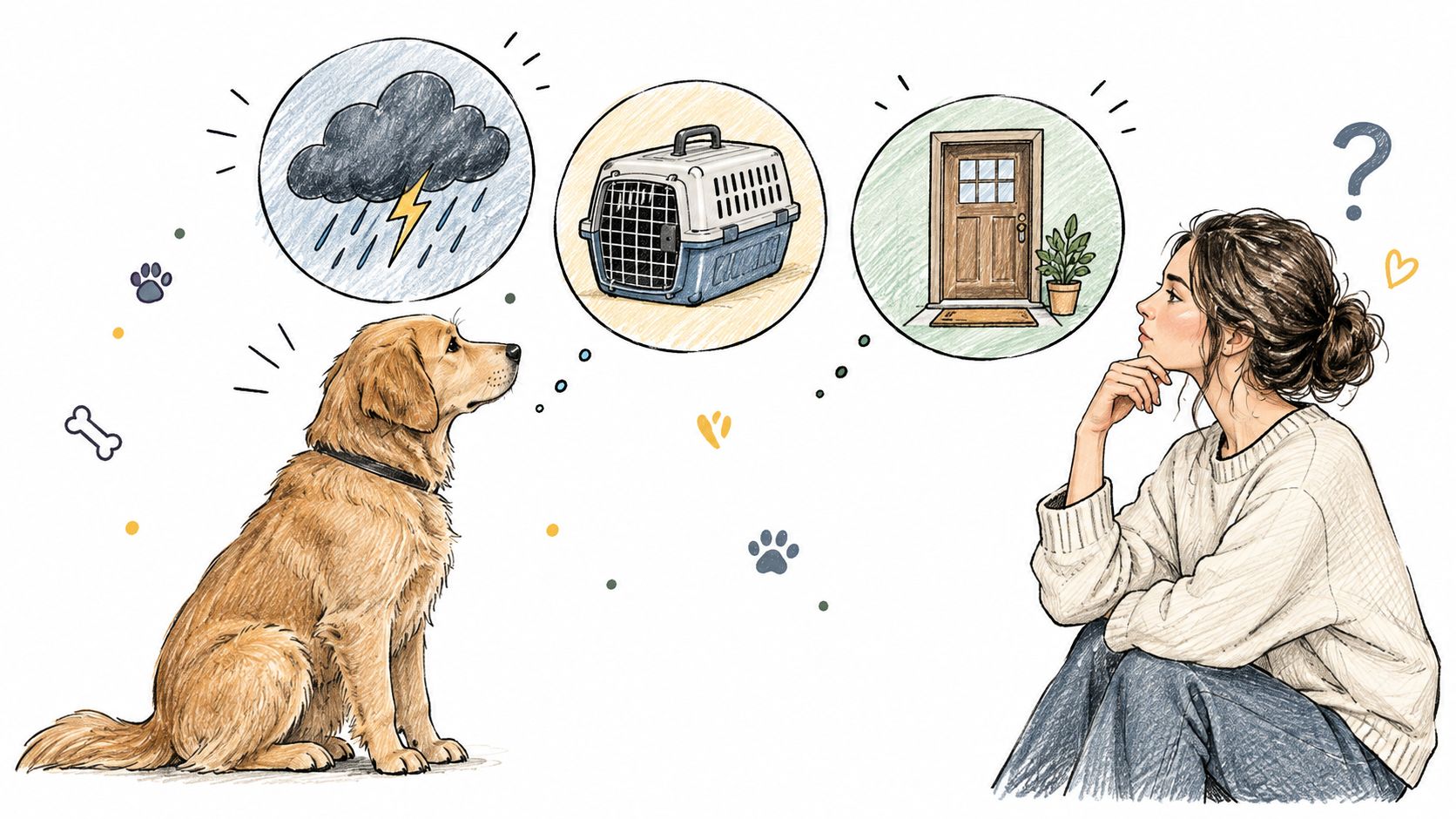 A girl sitting beside her dog, both thinking about a storm, a pet crate, and a front door.