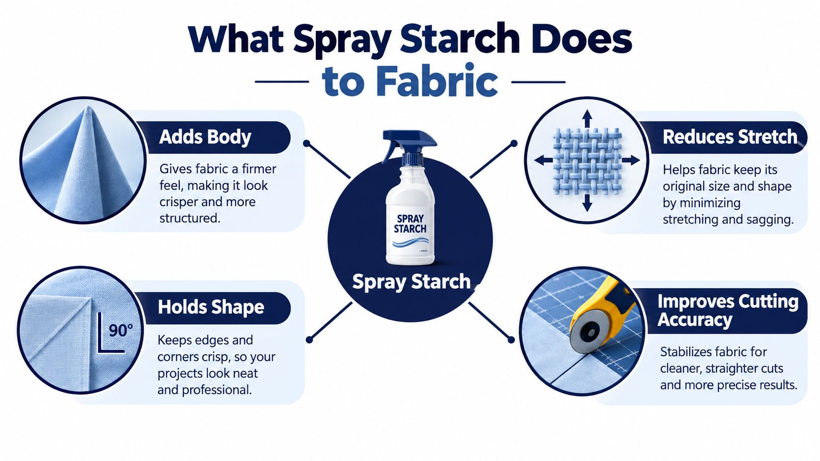 An infographic showing the four main benefits of using spray starch on fabric for sewing and quilting.