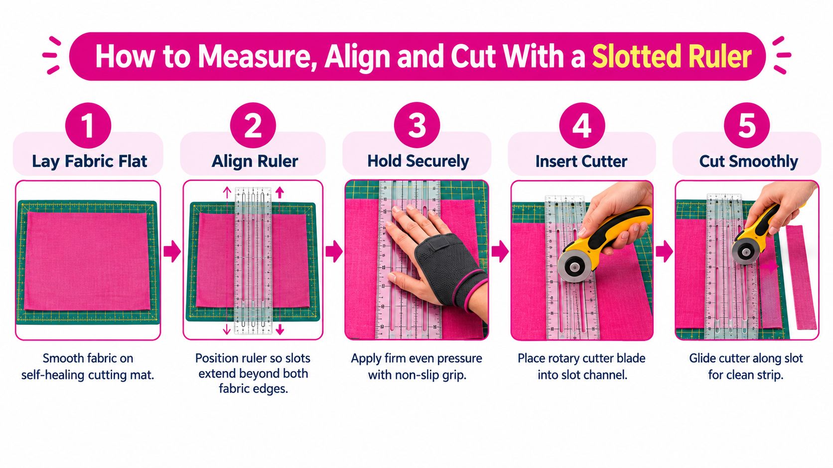 A five-step guide on how to measure, align, and cut fabric safely using a slotted quilting ruler.