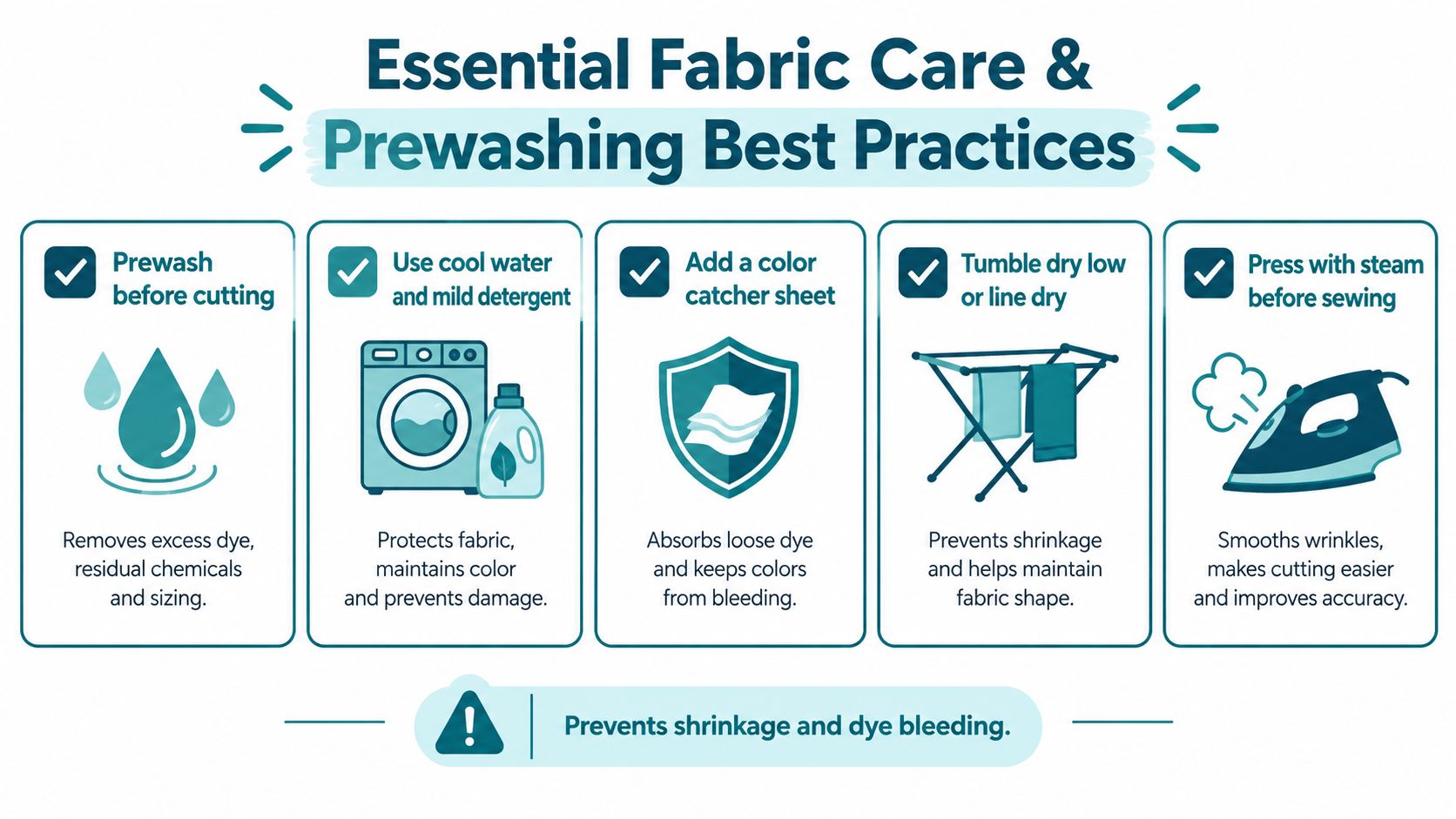 An infographic showing five essential steps for prewashing and caring for fabric before beginning a sewing project.