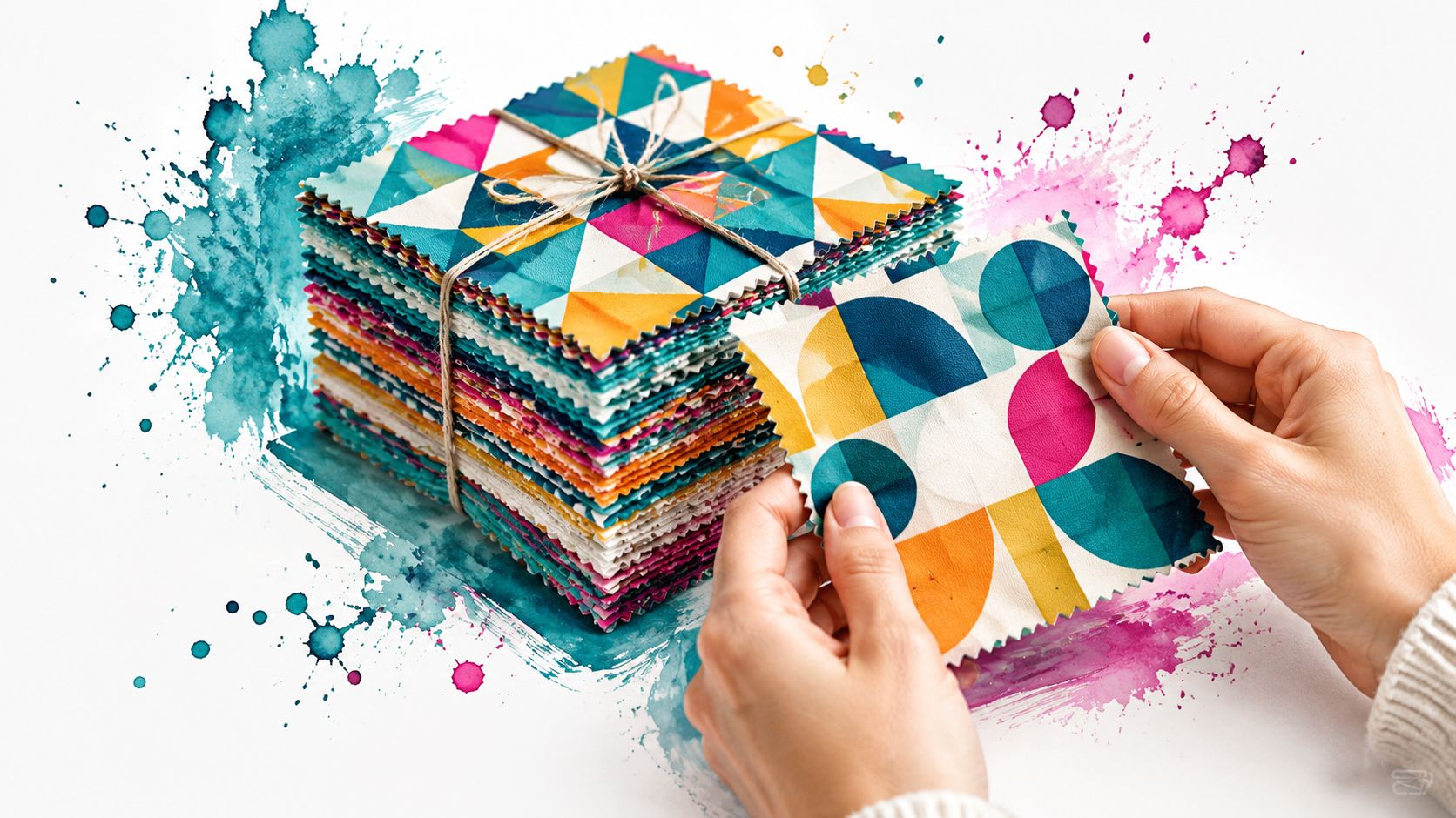 A person holding a square piece of geometric patterned fabric next to a large stacked fabric bundle.
