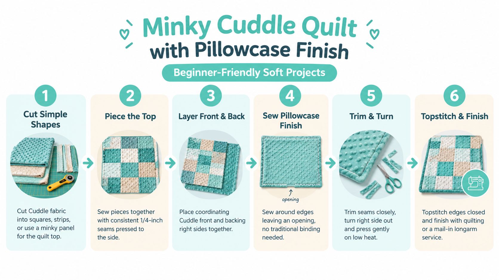 A six-step infographic guide explaining how to make a minky cuddle quilt with a pillowcase finish.