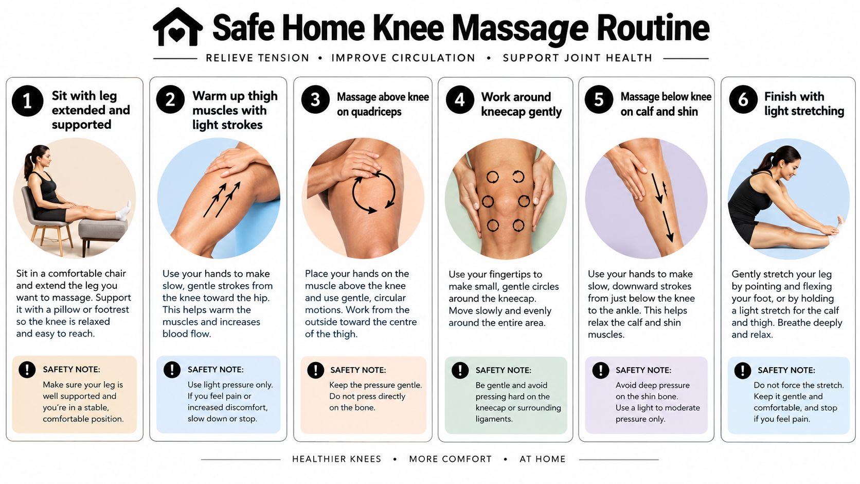 A six-step infographic demonstrating a safe home massage routine to relieve tension and support knee joint health.