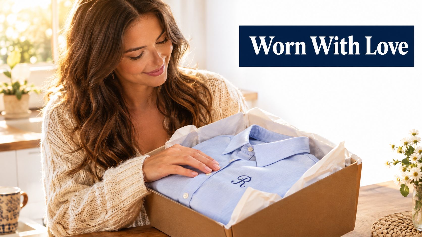 A happy woman opening a box containing a light blue shirt with custom letter R embroidery.