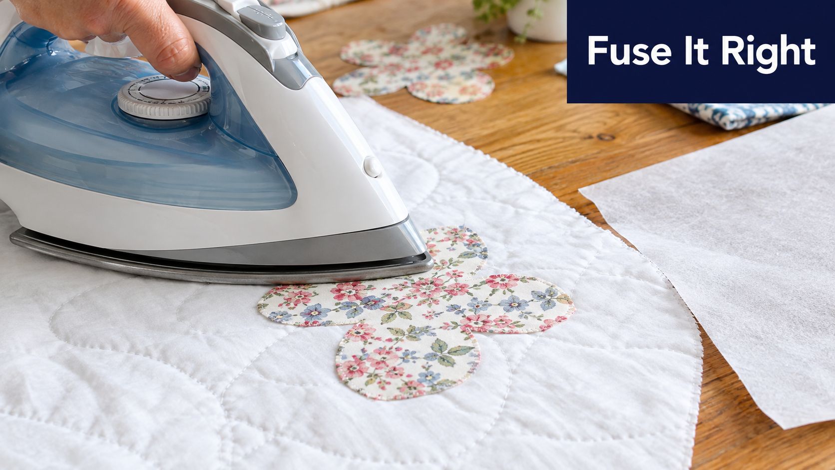 An iron pressing a floral fabric applique onto white quilted fabric using fusible interfacing for craft projects.