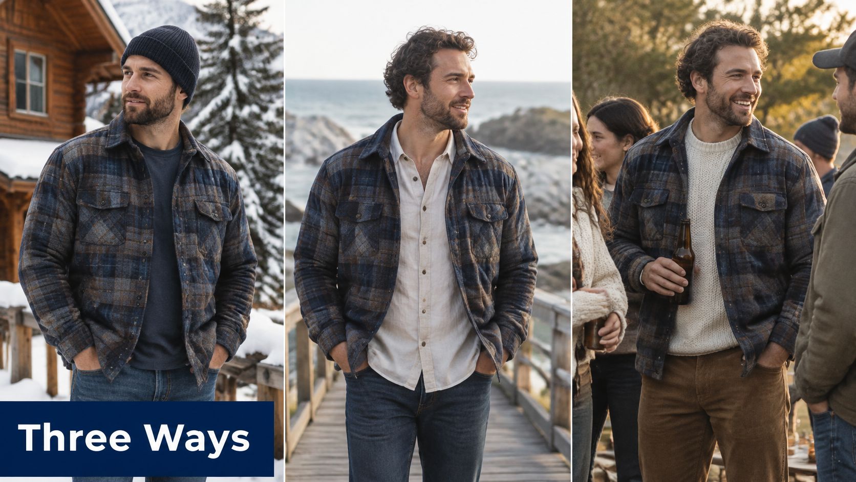 A man demonstrating three different ways to style a quilted blue and brown flannel shirt jacket.
