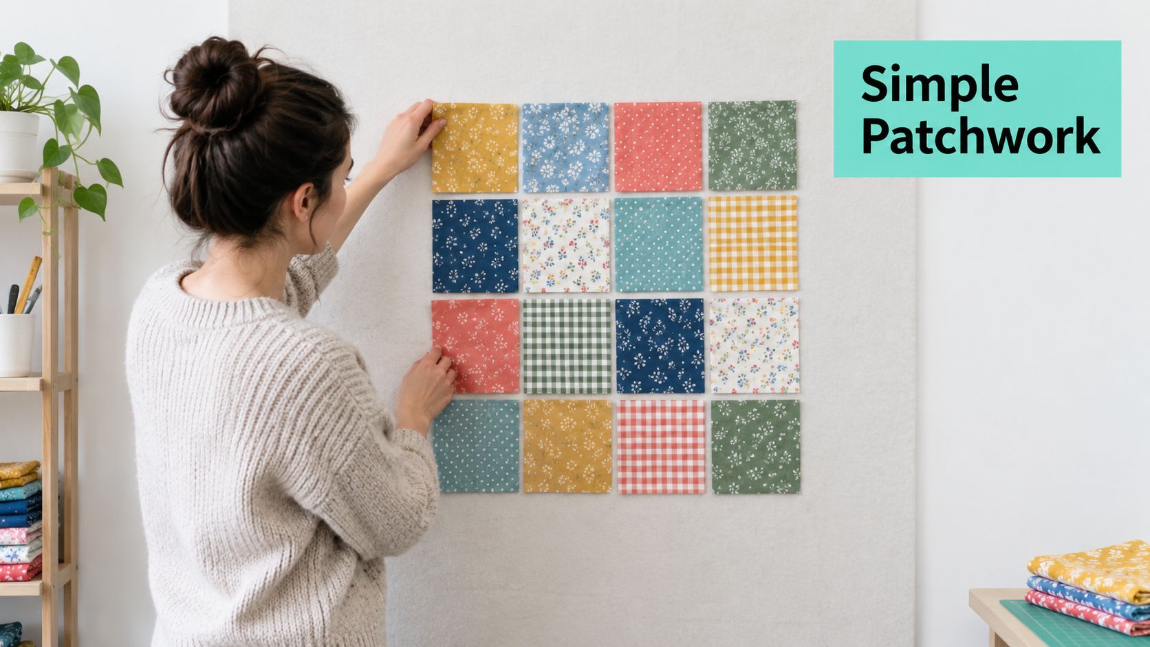 A woman arranging colorful patterned fabric squares on a white design wall to create a patchwork quilt.