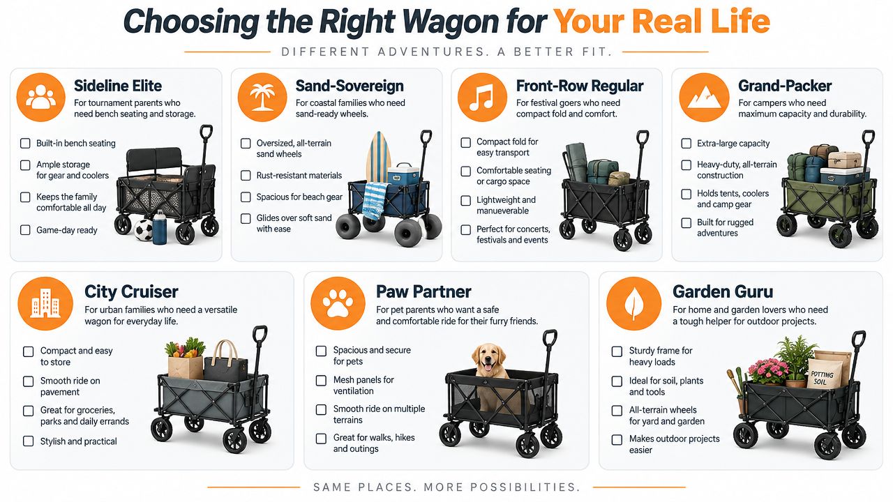 A product comparison chart for choosing the right folding wagon based on specific lifestyle and activity needs.