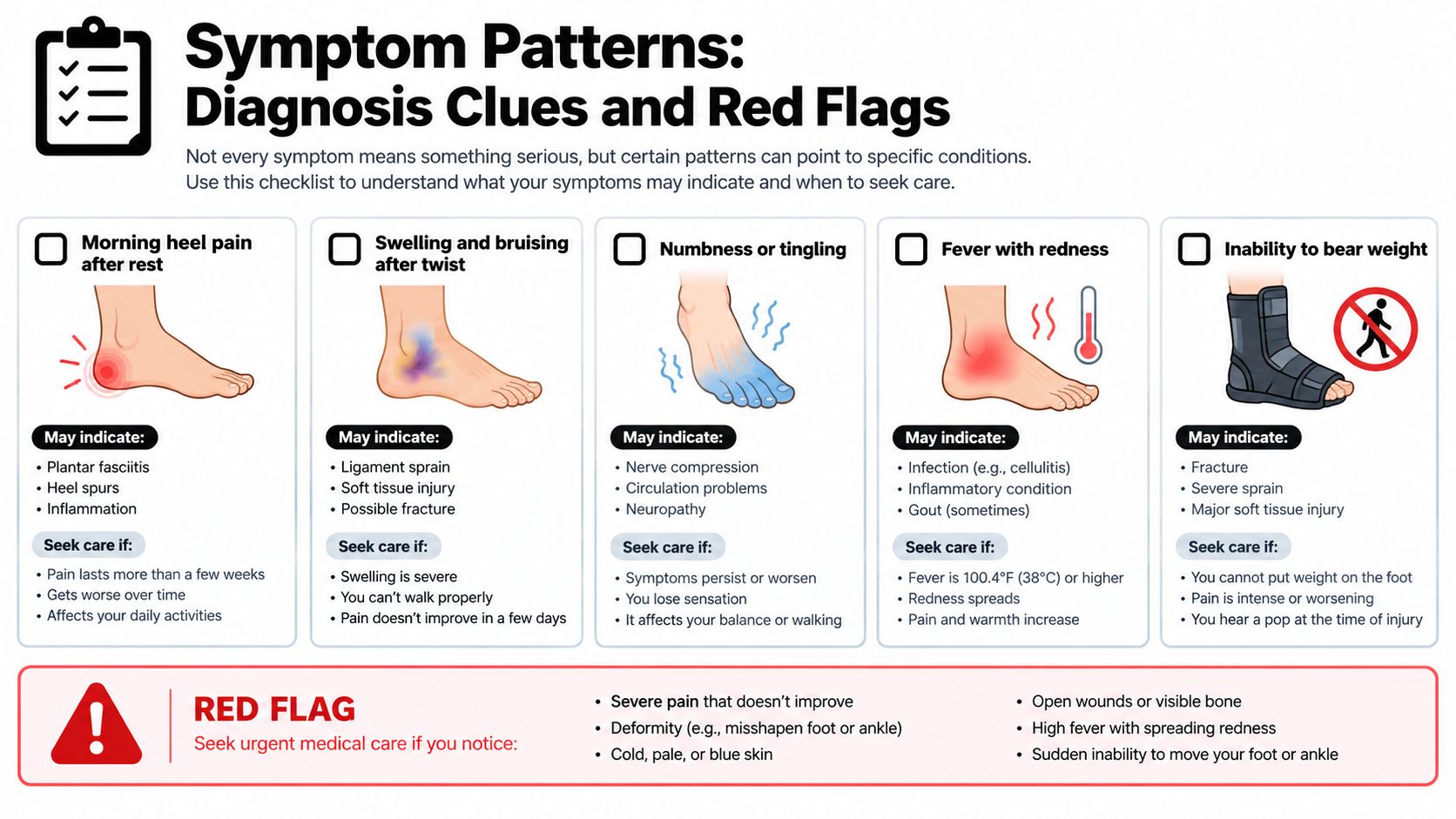 An infographic showing symptoms of heel and ankle pain, potential causes, and when to seek urgent care.