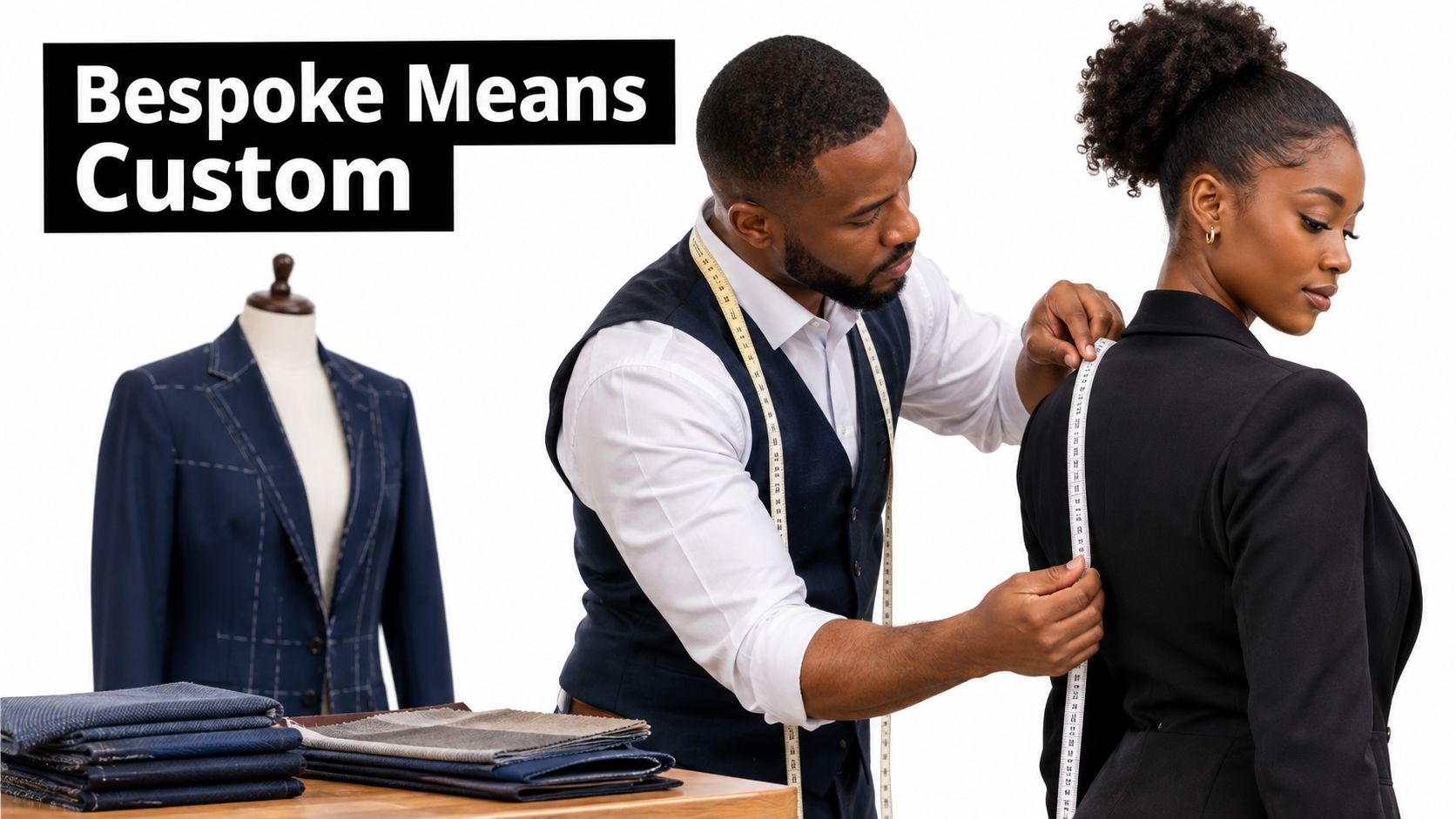 A professional tailor taking measurements of a woman wearing a bespoke black suit jacket in his studio.