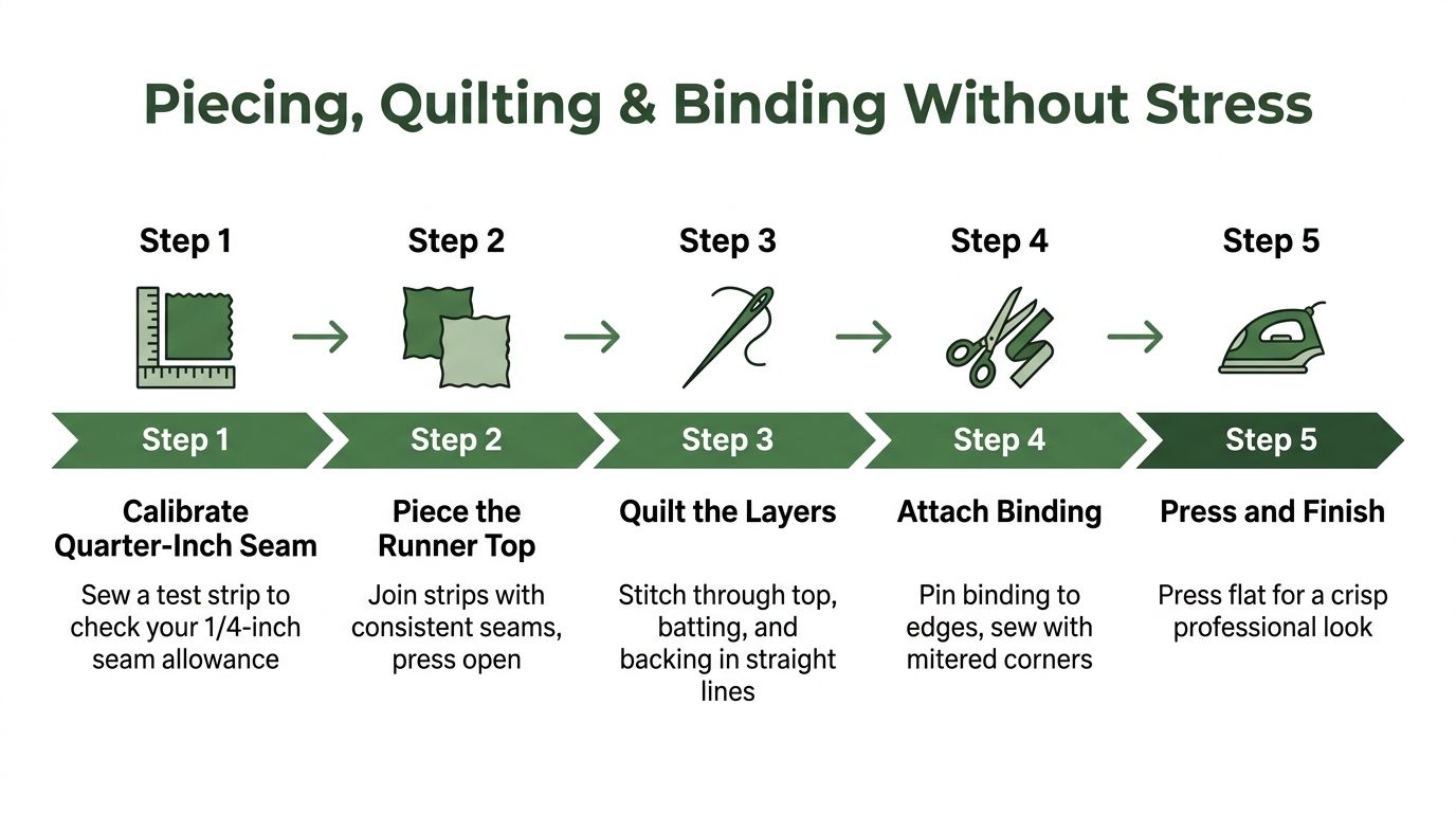 An infographic showing five steps for piecing, quilting, and binding a handmade quilt table runner.