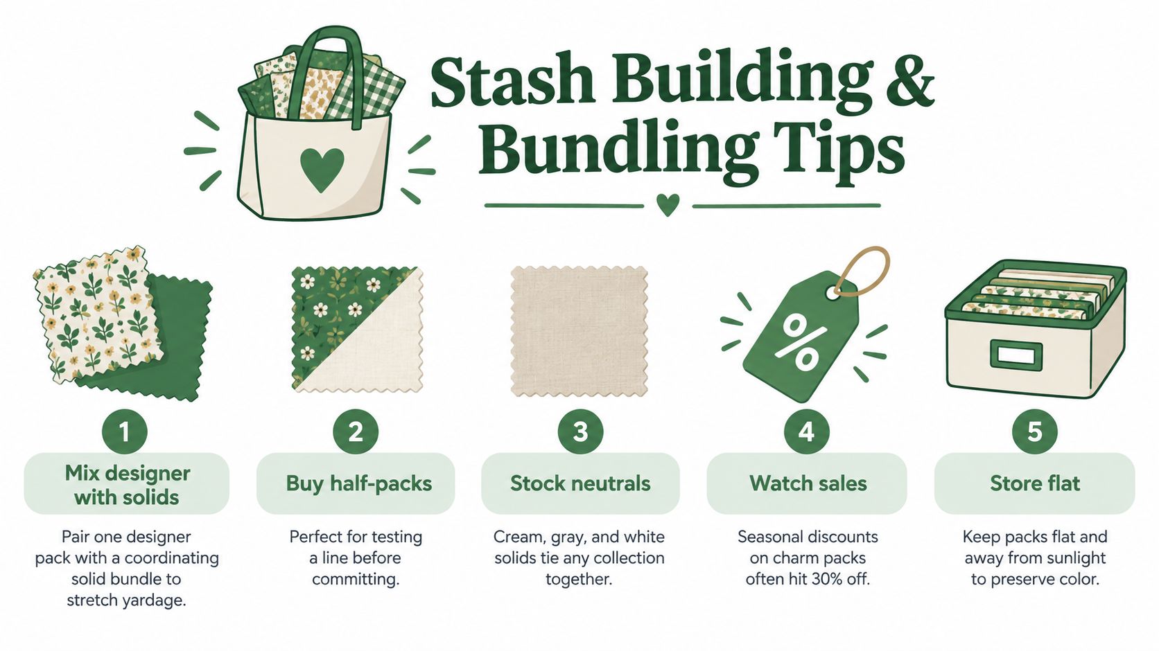 An infographic illustrating five helpful tips for building and organizing a fabric stash for quilting projects.