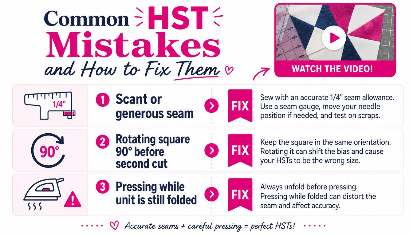 An infographic listing three common mistakes when making half square triangles and how to fix them.