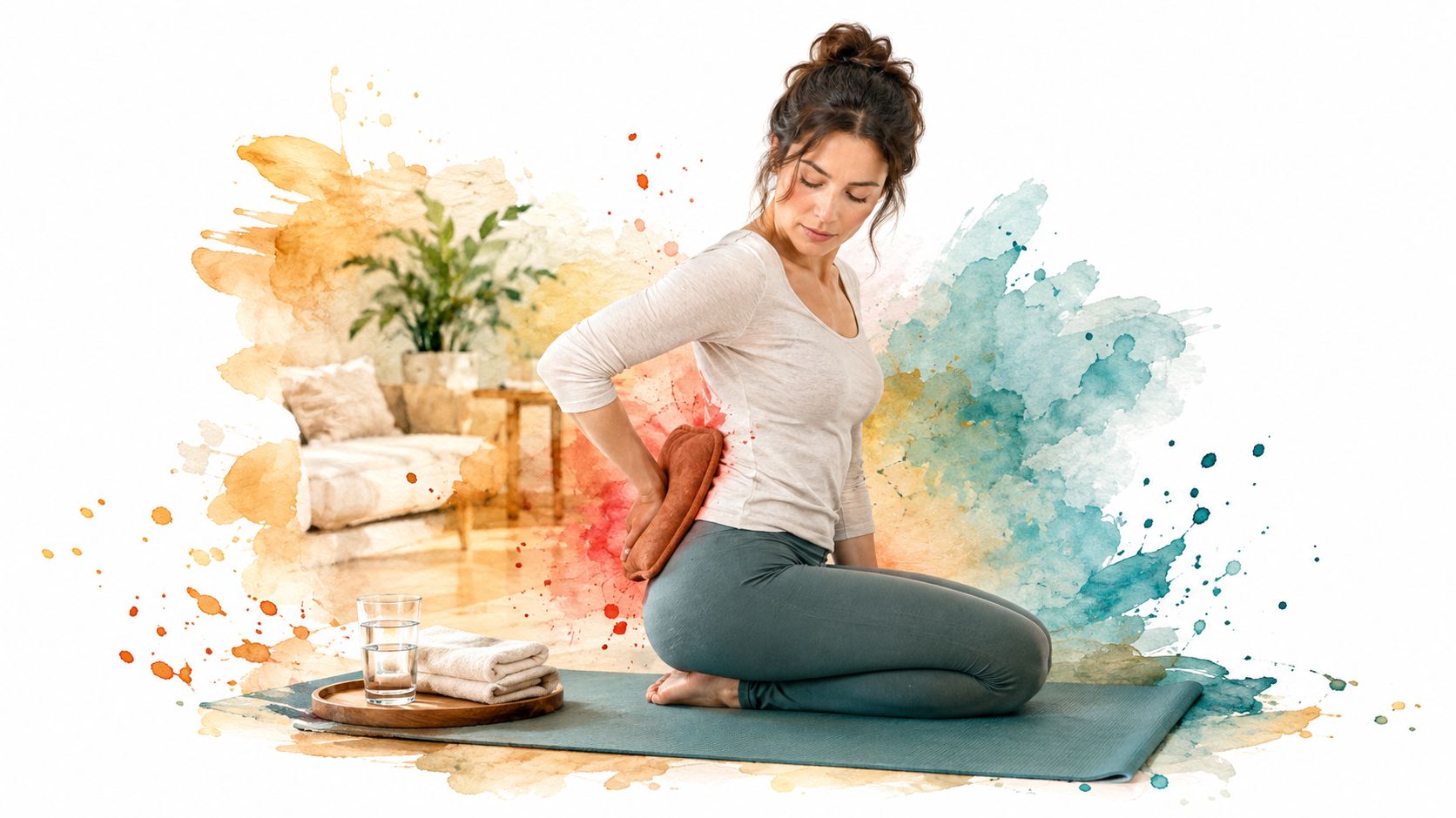 A woman kneeling on a yoga mat using a hot water bottle to treat back pain.