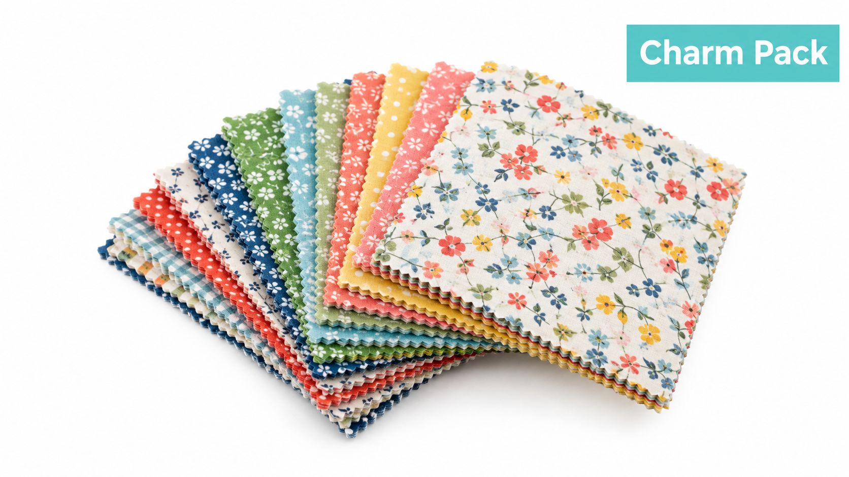 A stack of colorful fabric charm pack squares with various floral and patterned designs on white background.