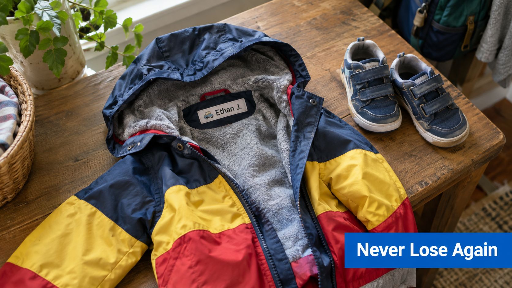 A child's colorful winter coat with a personalized label reading Ethan J sitting on a wooden table.