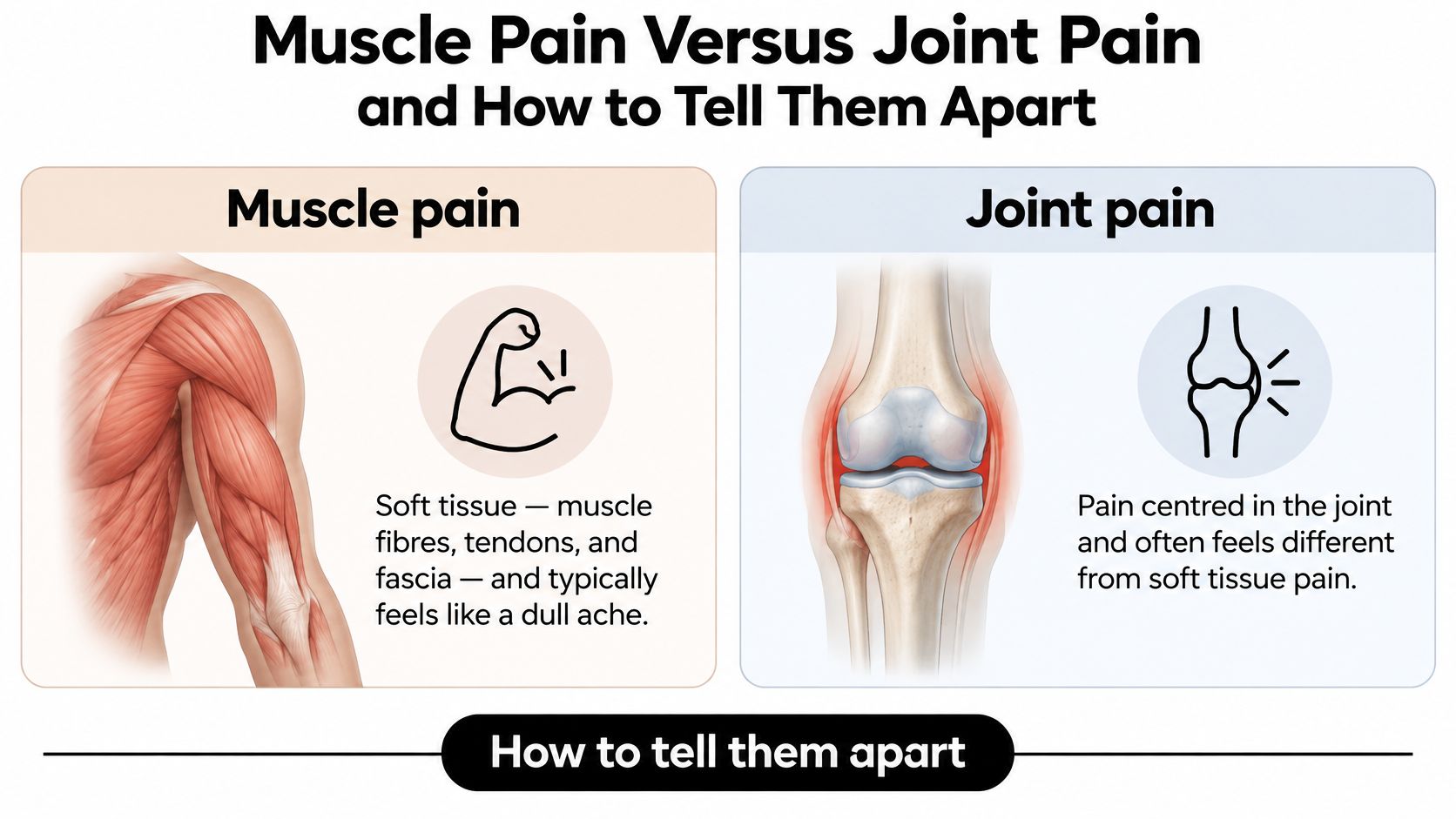 A comparison infographic showing the differences between muscle pain in soft tissues and joint pain.