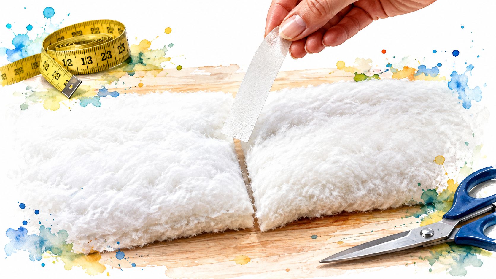 A hand applies fusible batting tape to a thick, white fleece fabric on a crafting table.