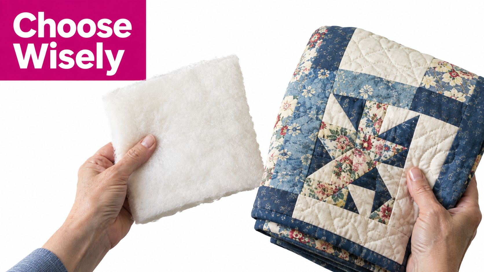A person comparing a piece of soft white quilt batting with a finished patchwork quilt fabric.