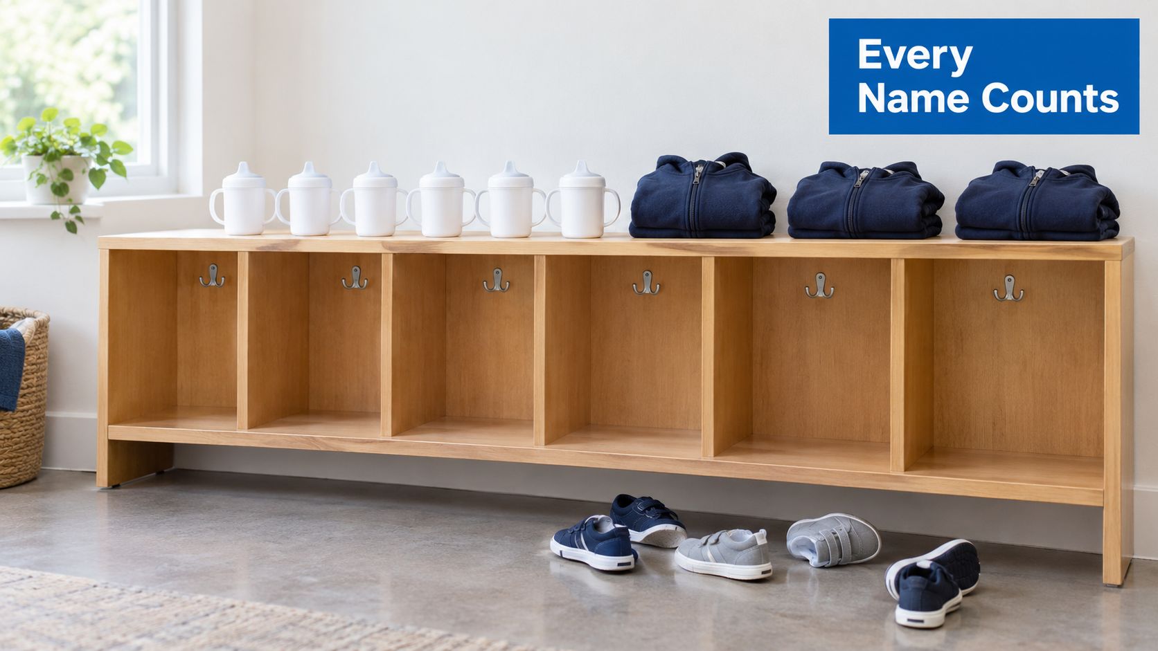 A wooden cubby unit in a preschool setting featuring name tags, hoodies, water bottles, and children's shoes.