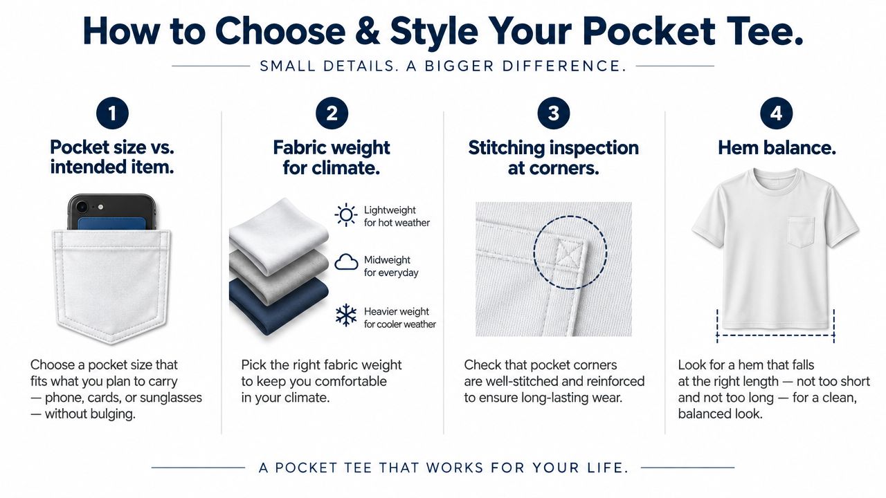 An infographic titled How to Choose and Style Your Pocket Tee showing four key tips for selection.
