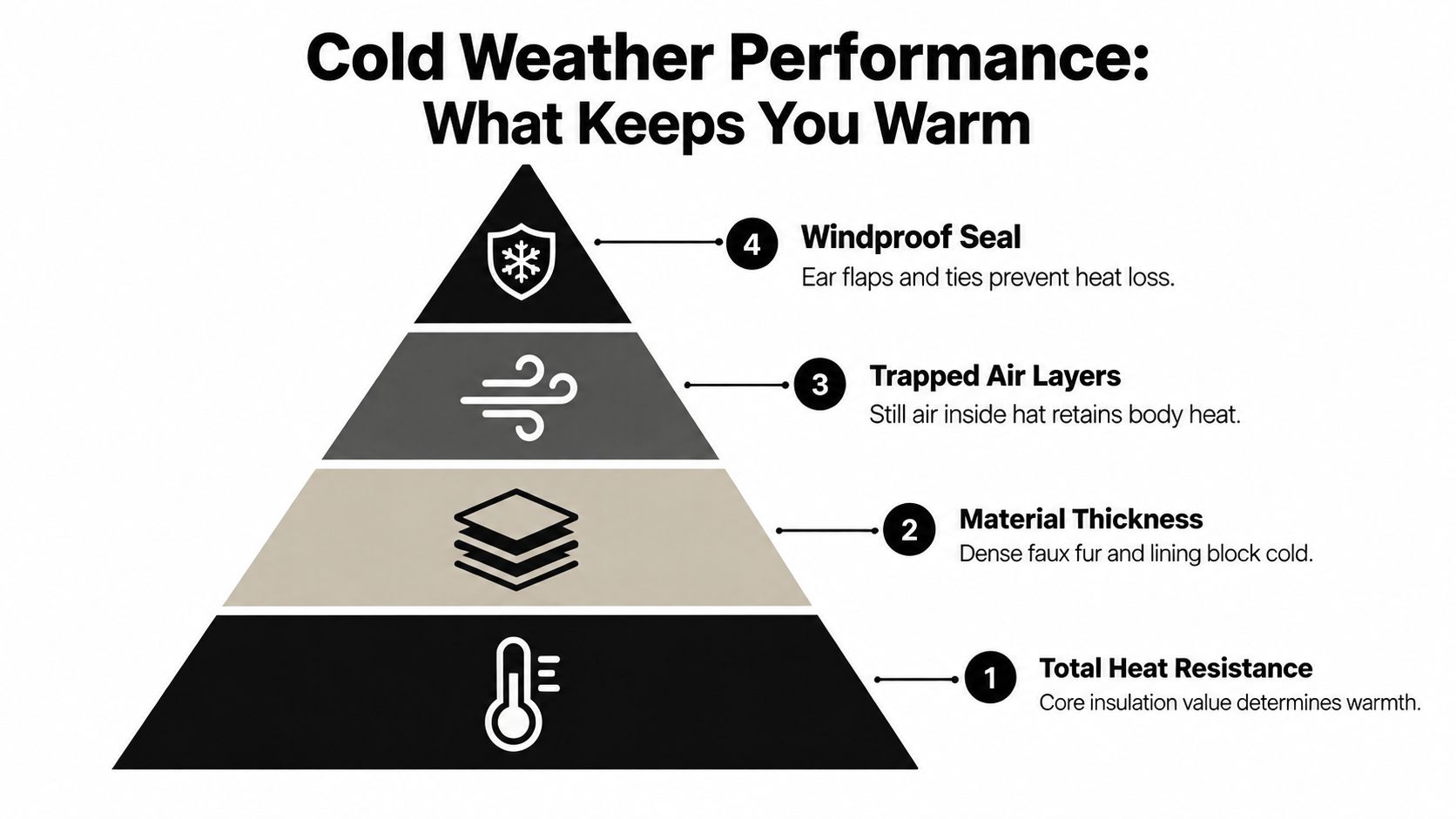 A pyramid diagram explaining the four factors of cold weather performance for a hat's warmth.