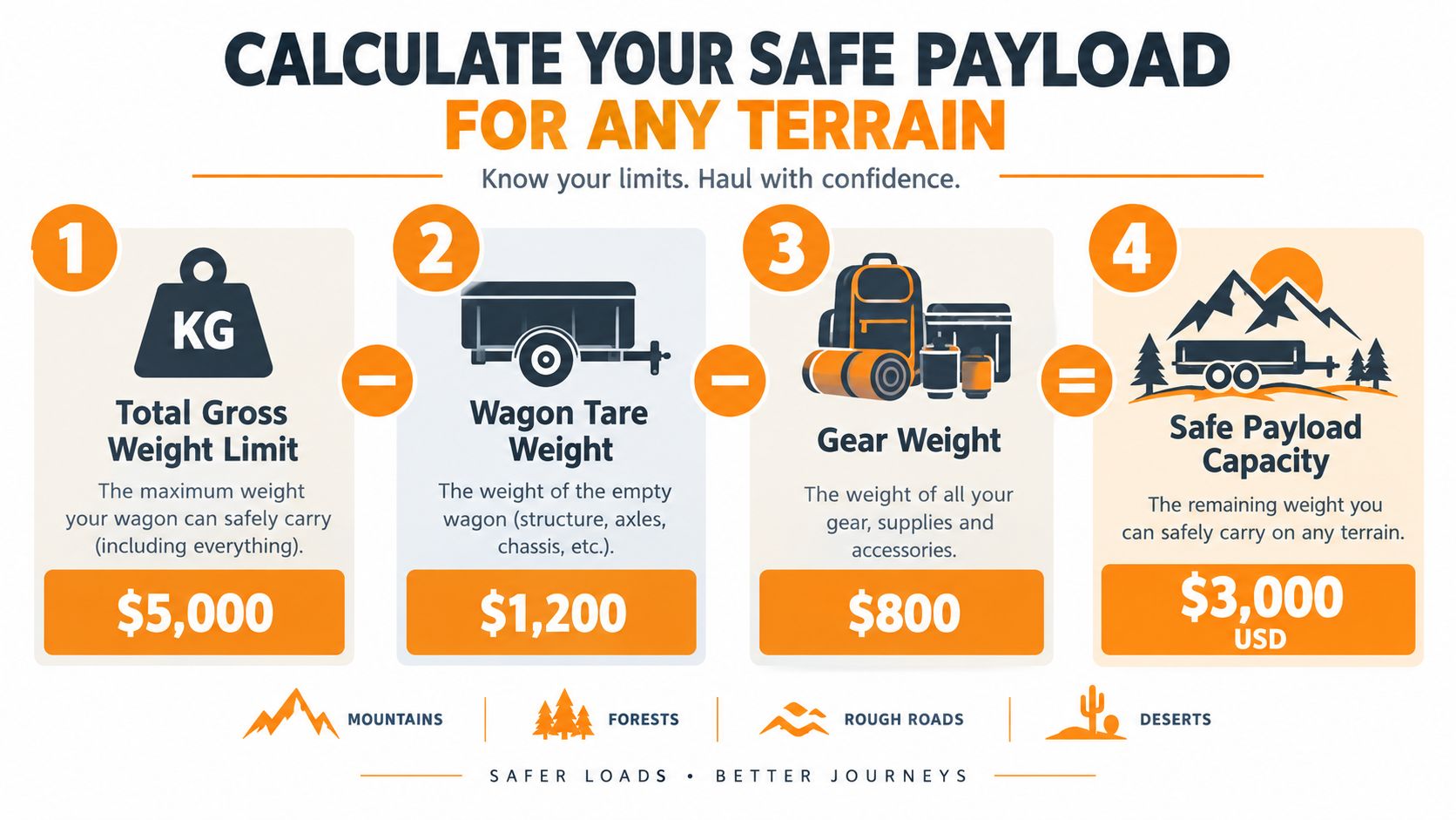 An infographic showing a calculation formula to determine the safe payload capacity for a cargo wagon.