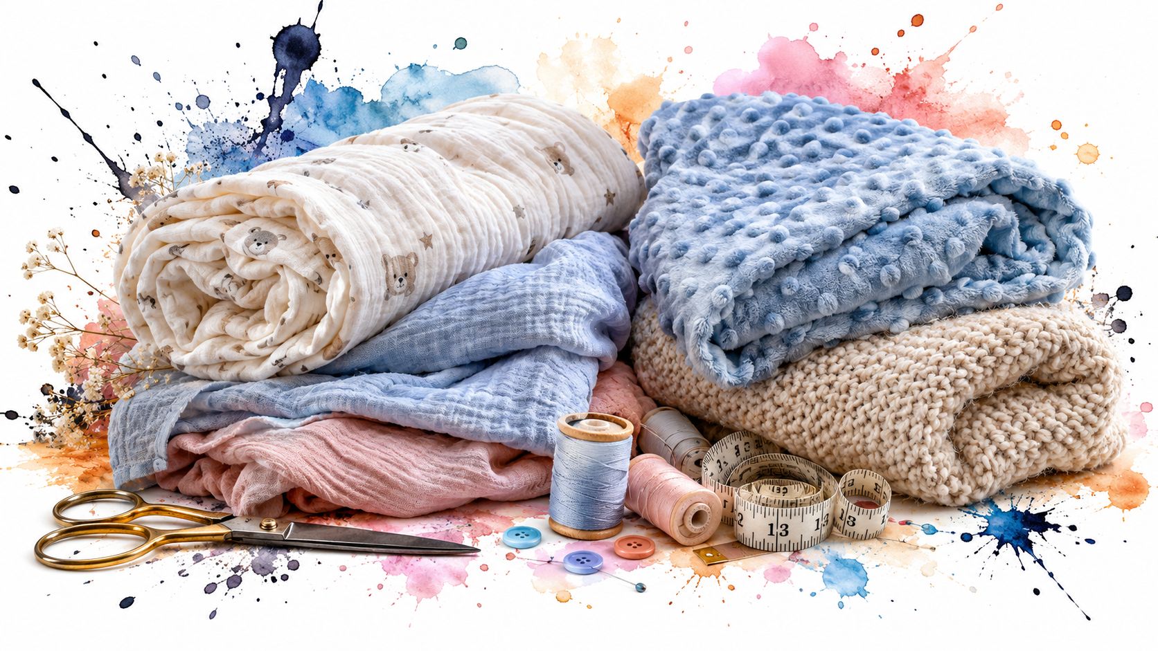 A stack of various soft baby fabrics, spools of thread, measuring tape, and scissors on a colorful background.