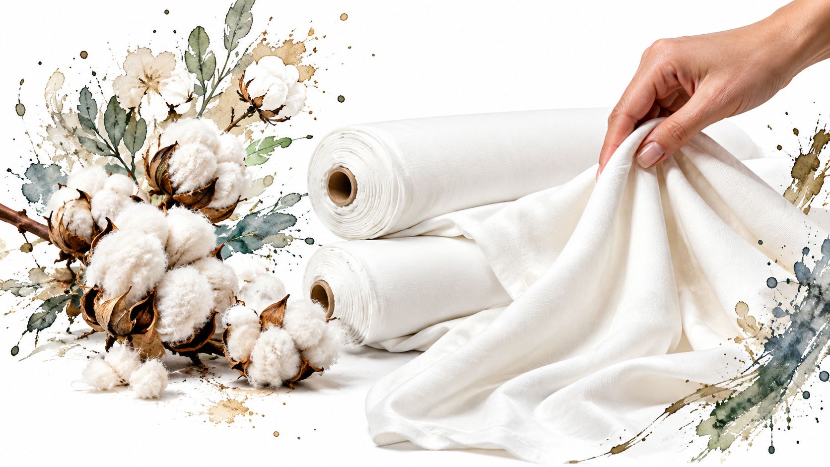 A hand holding a piece of white cotton fabric next to cotton bolls and fabric rolls.