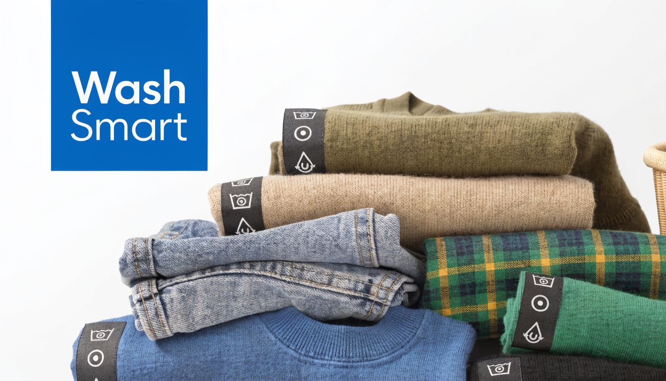 A stack of folded colorful sweaters and jeans with personalized iron-on laundry labels on each garment.