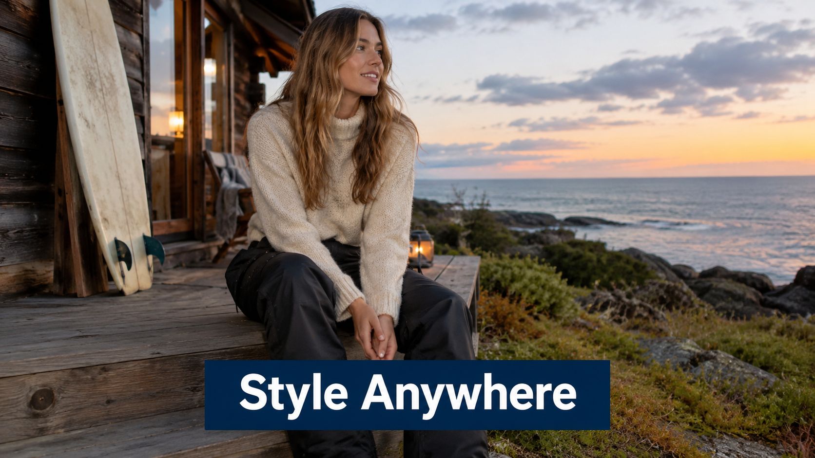 A woman wearing cozy apres ski pants sitting on a wooden porch overlooking the ocean at sunset.