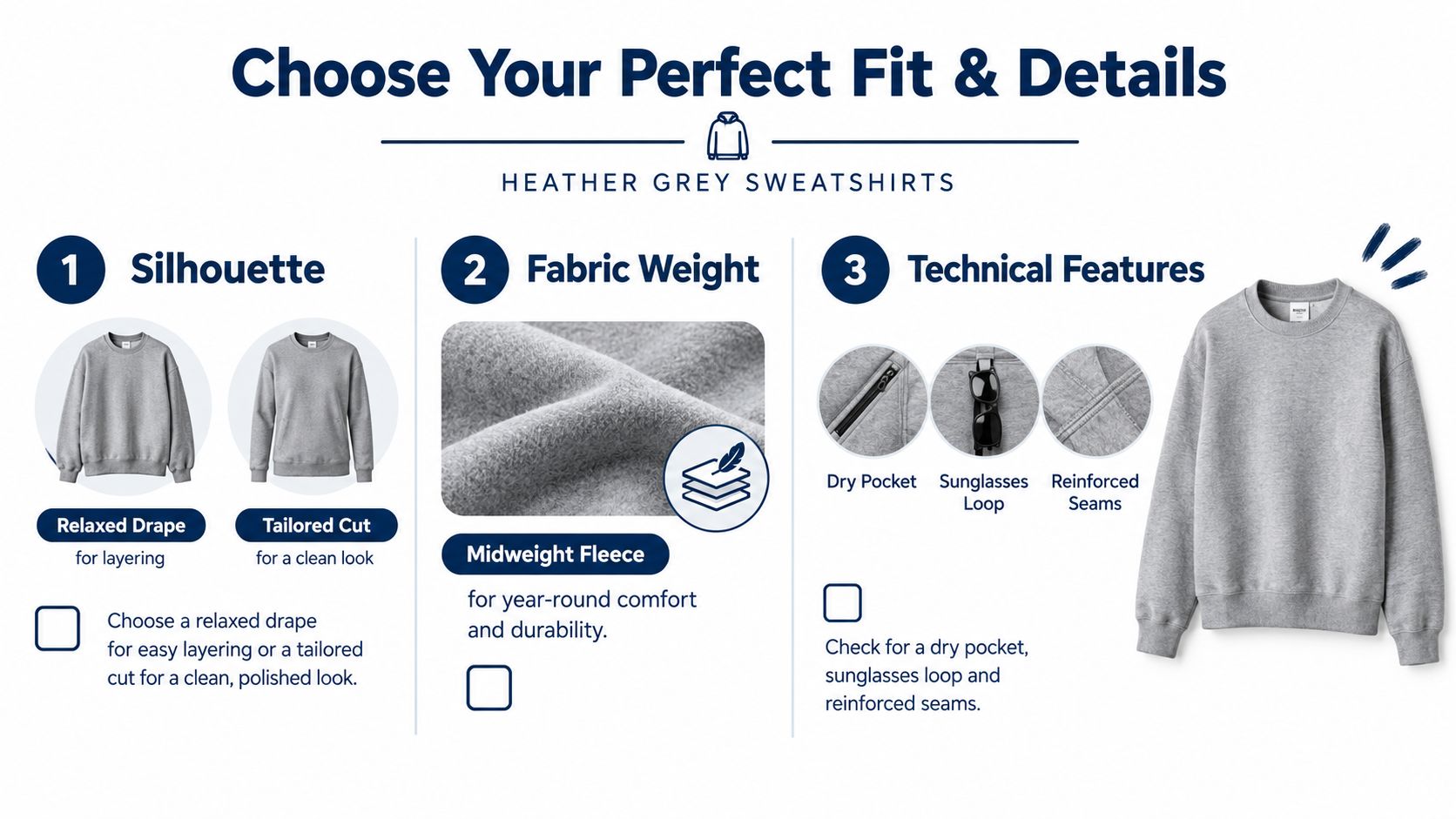 A guide showing how to choose a heather grey sweatshirt by silhouette, fabric weight, and technical features.