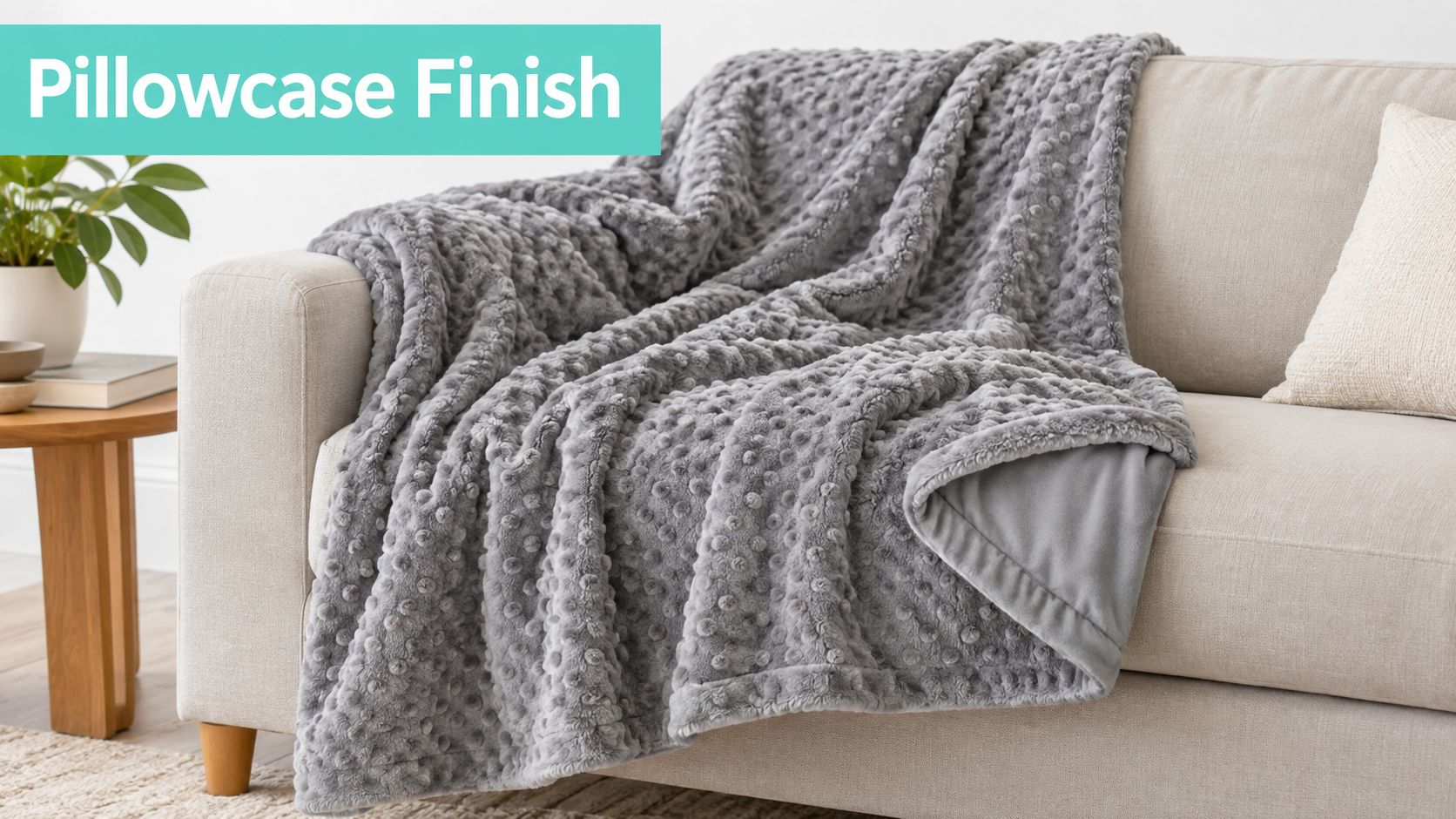 A cozy grey plush textured throw blanket draped elegantly over a modern beige sofa in a living room.