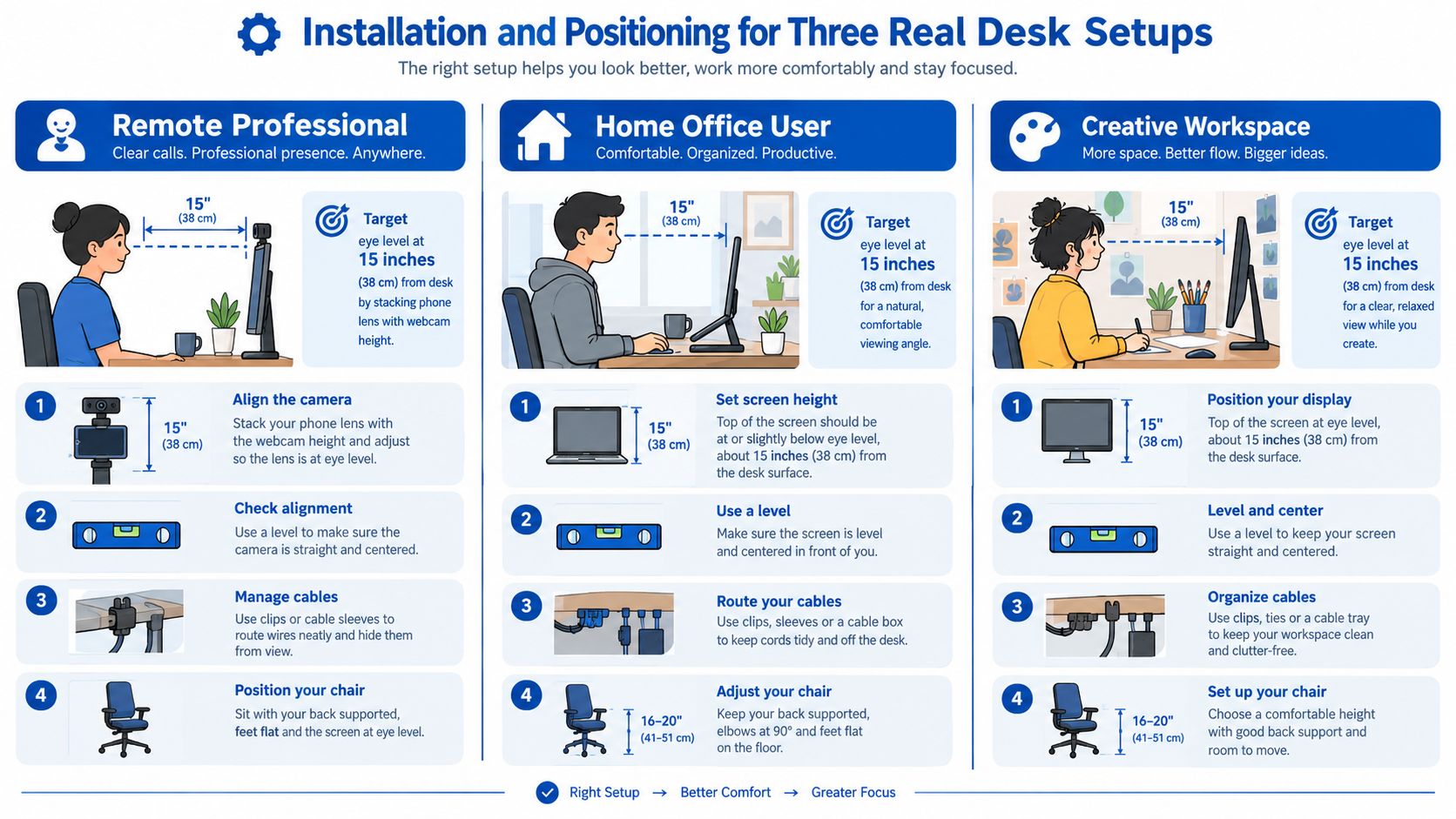 An infographic illustrating optimal desk setup and ergonomic positioning for remote professionals, home users, and creative workspaces.
