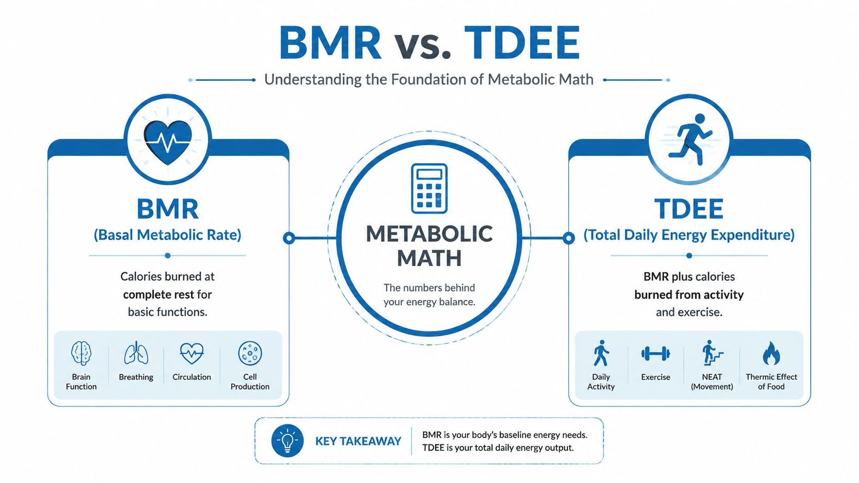 An infographic comparing Basal Metabolic Rate (BMR) and Total Daily Energy Expenditure (TDEE) concepts for weight management.