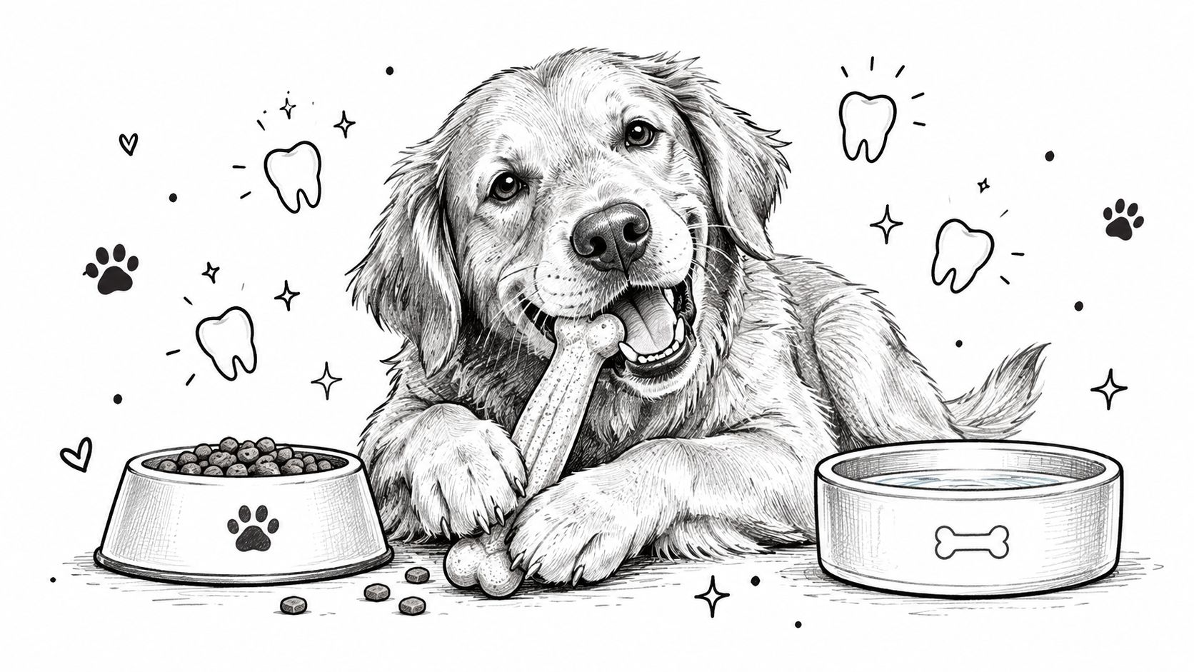 A pencil sketch of a golden retriever puppy chewing on a bone, with food and water bowls.