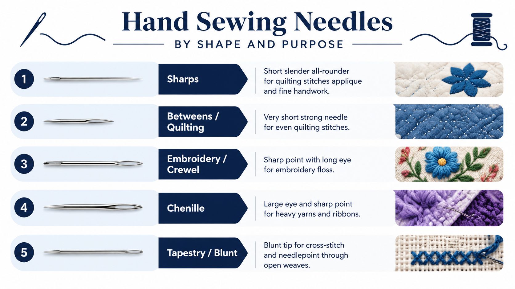 An infographic chart displaying five different types of hand sewing needles with their names and common uses.