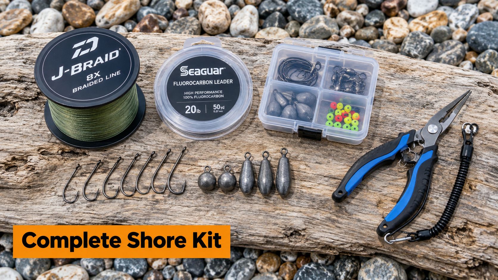 A comprehensive fishing shore kit featuring braided line, fluorocarbon leader, hooks, sinkers, and pliers on wood.