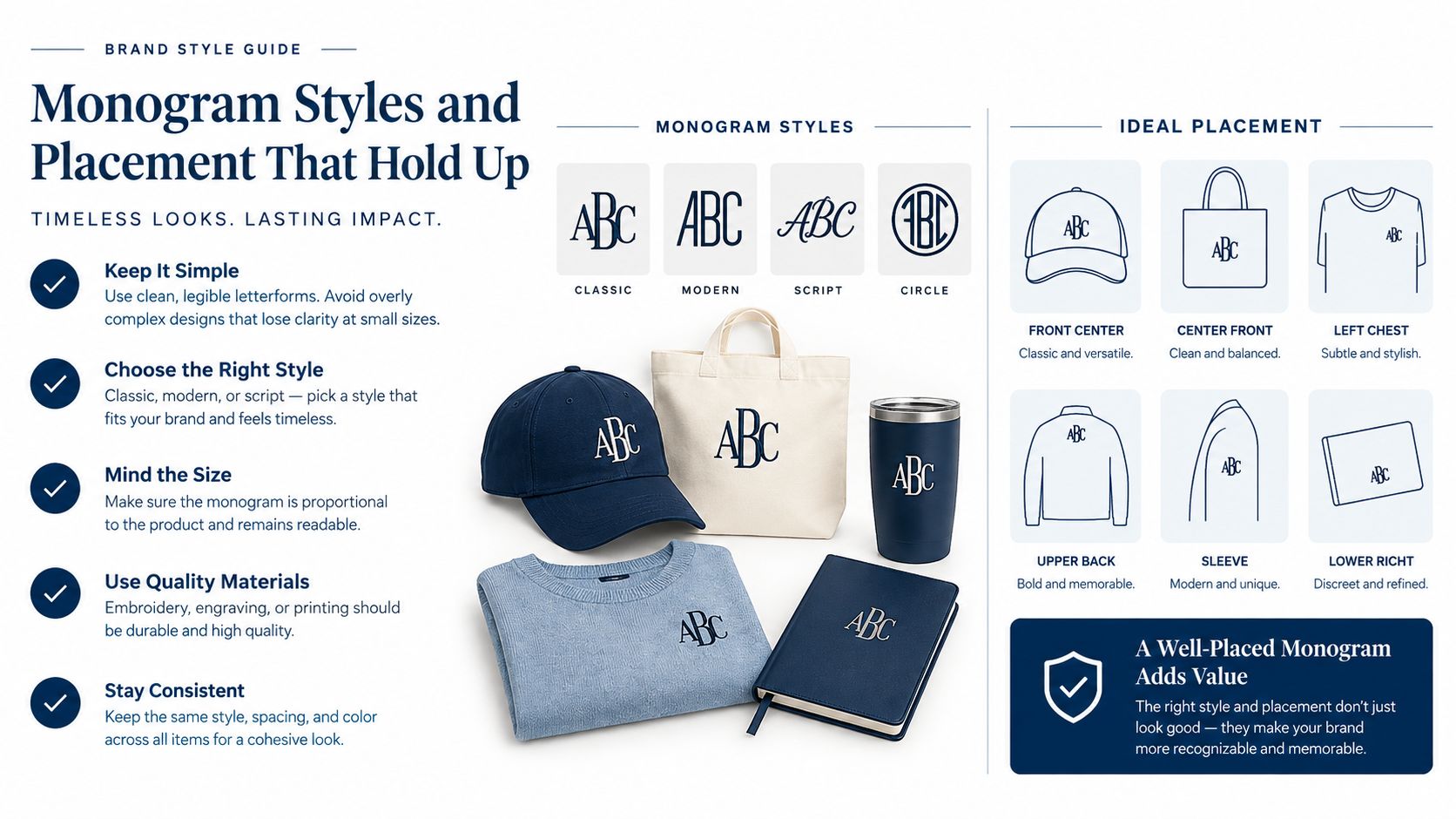 A brand style guide infographic showcasing various monogram styles and recommended product placement options for logos.