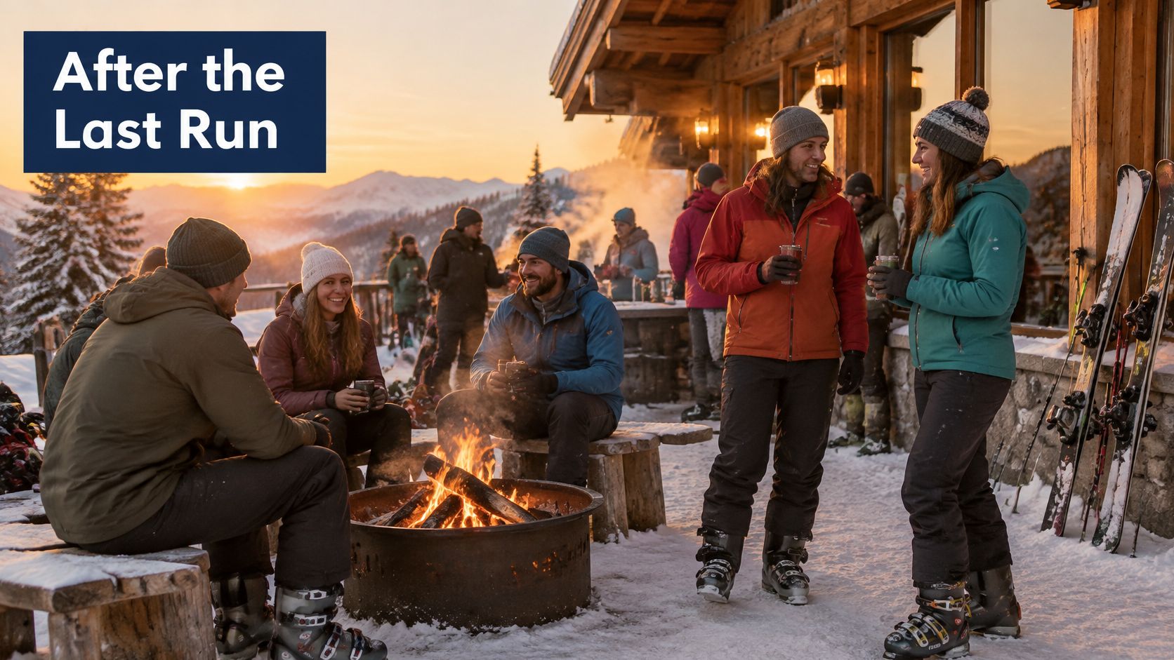 A group of friends laughing around a fire pit at a mountain lodge after skiing.