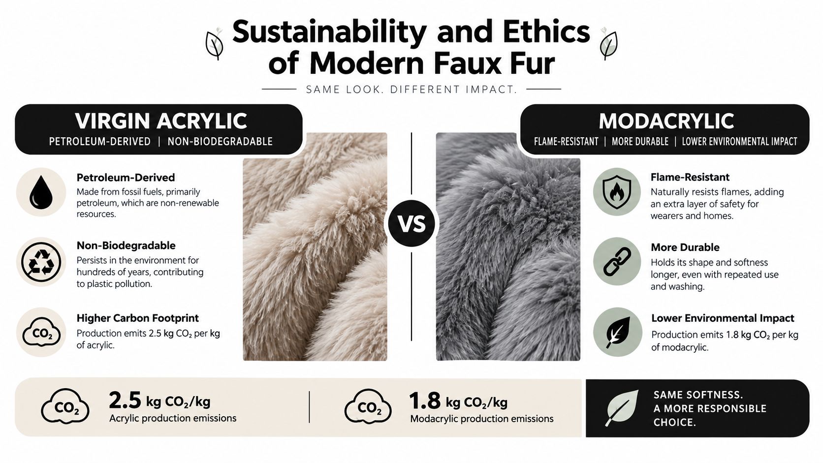 A comparison infographic between virgin acrylic and modacrylic faux fur, highlighting sustainability and environmental impact.