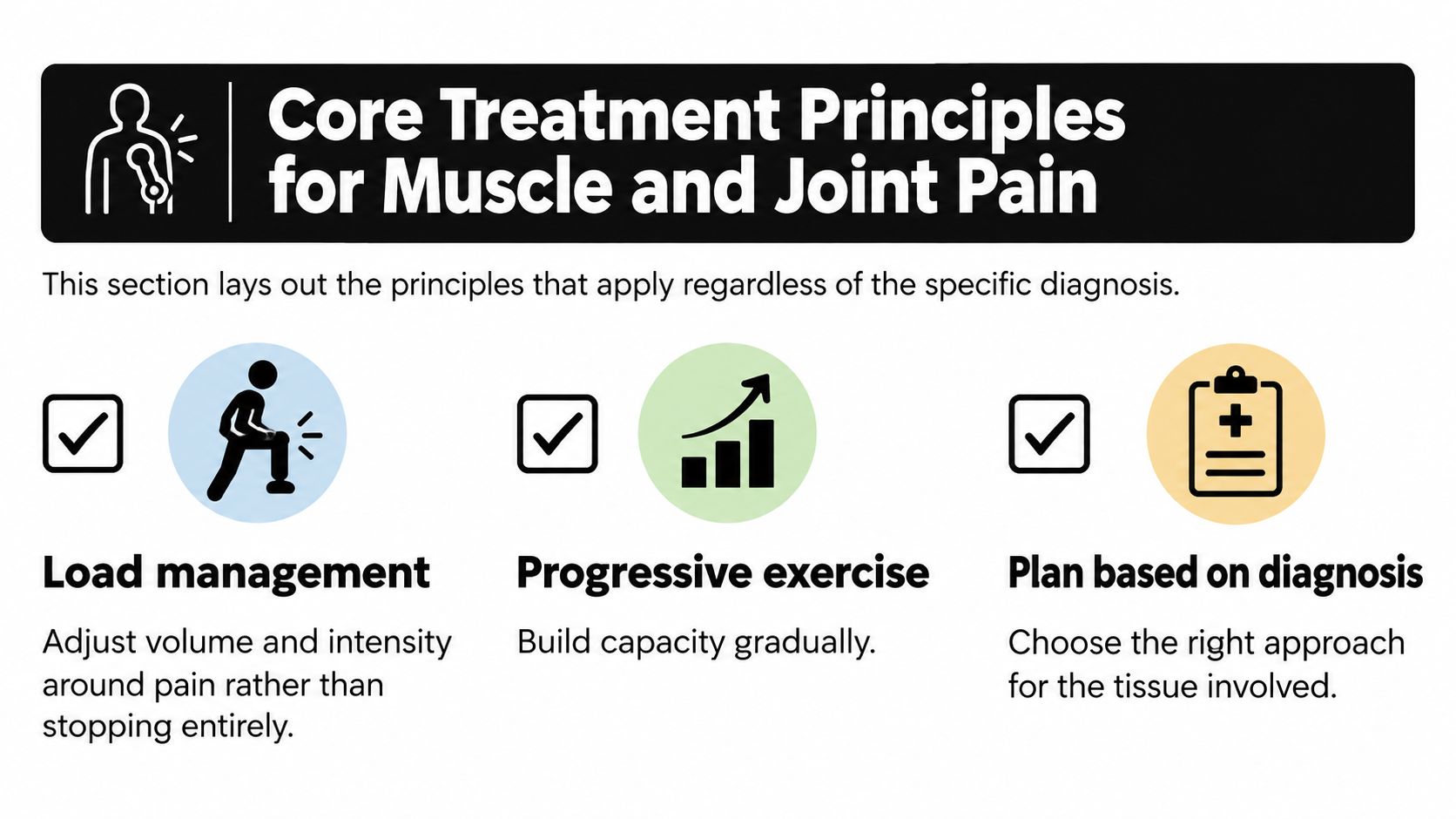 An infographic showing core treatment principles for muscle and joint pain, including load management, progressive exercise, and diagnosis-based planning.