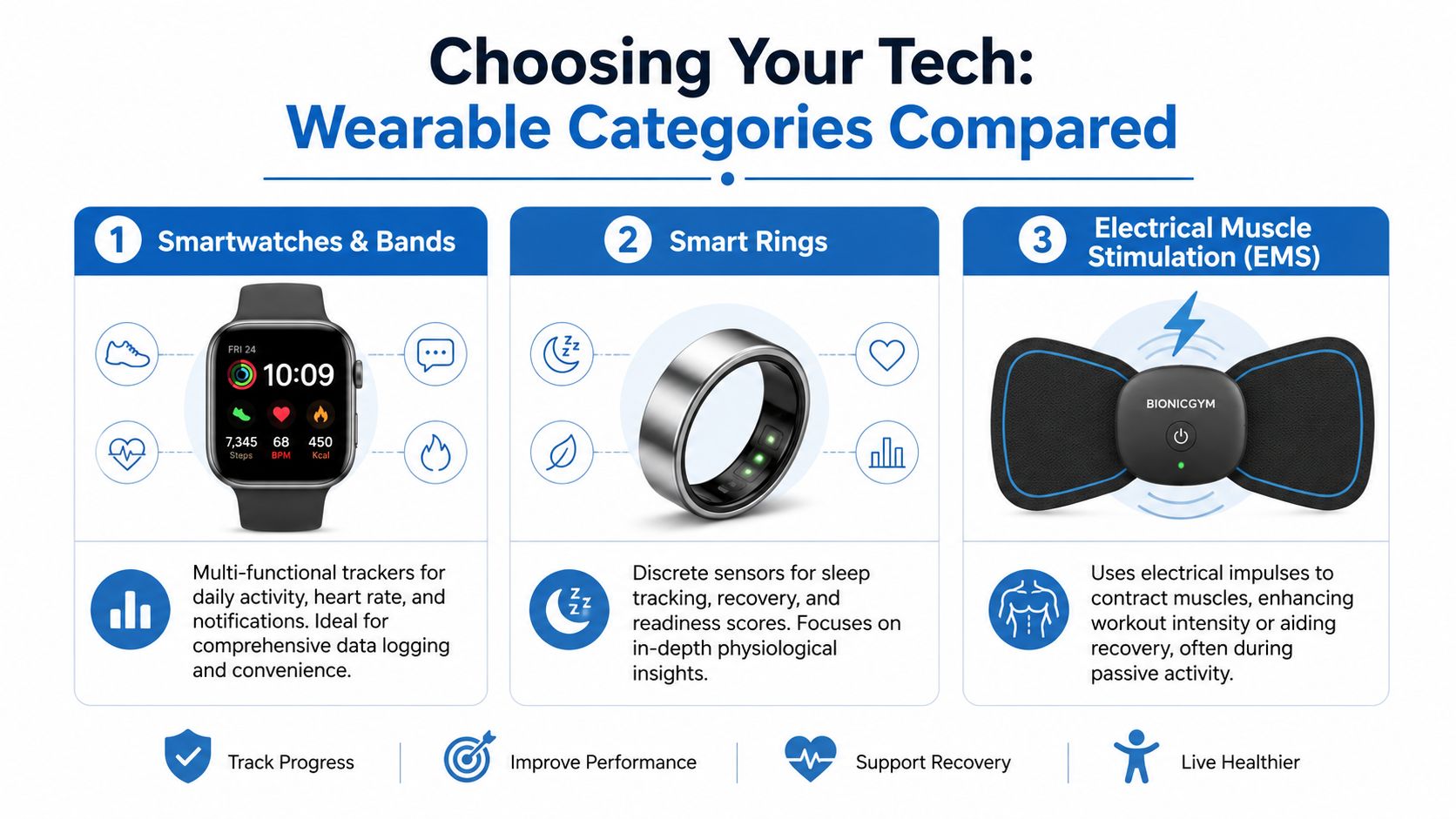 A comparison infographic detailing the features of smartwatches, smart rings, and electrical muscle stimulation devices.