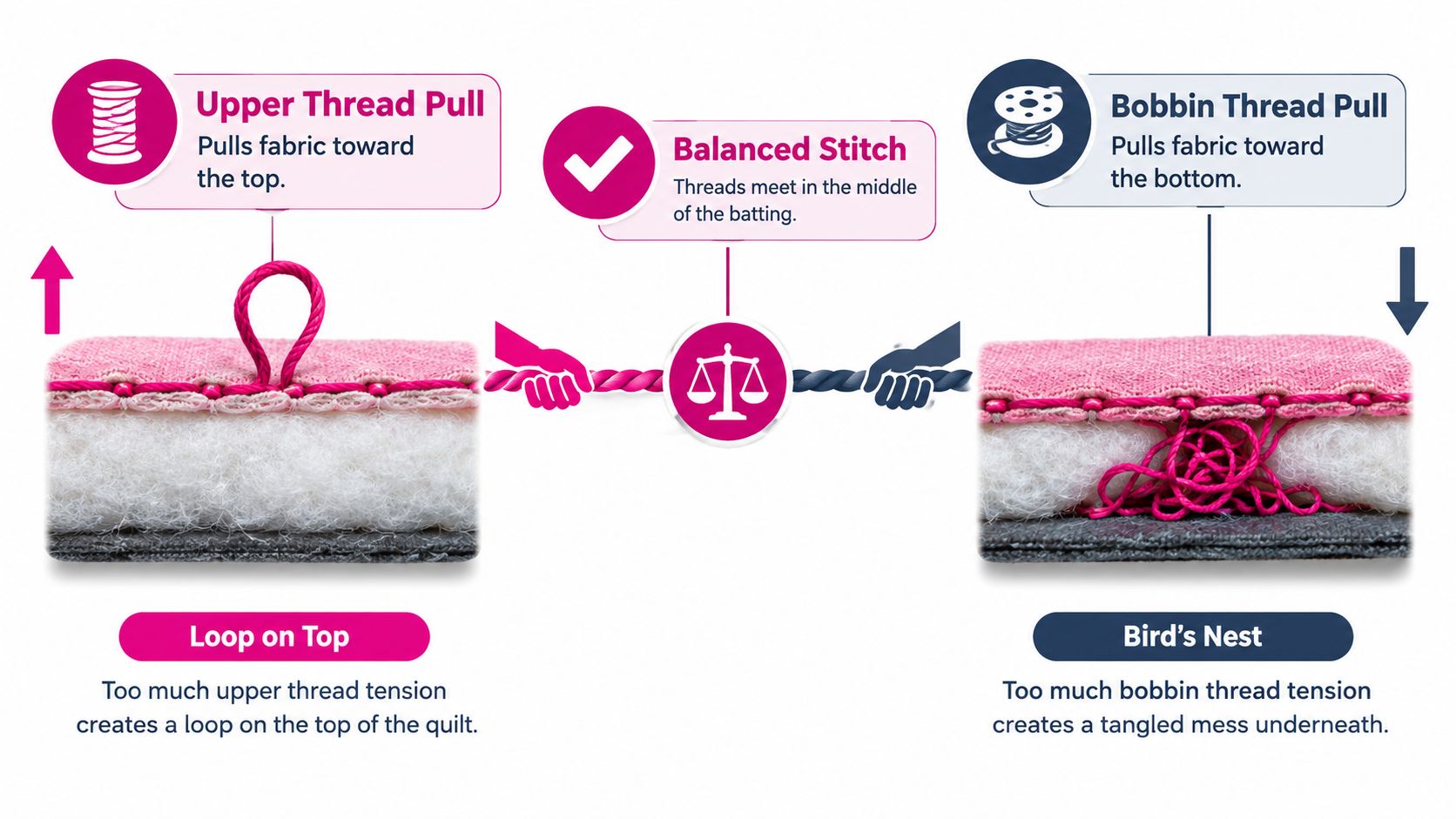 An infographic illustrating sewing machine tension issues including loops on top, balanced stitches, and bird's nest tangles.