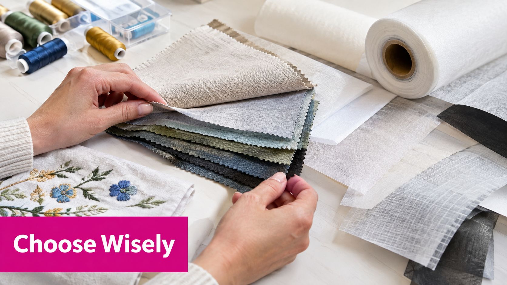 A person selecting fabric swatches next to embroidery stabilizer rolls and threads for a sewing project.