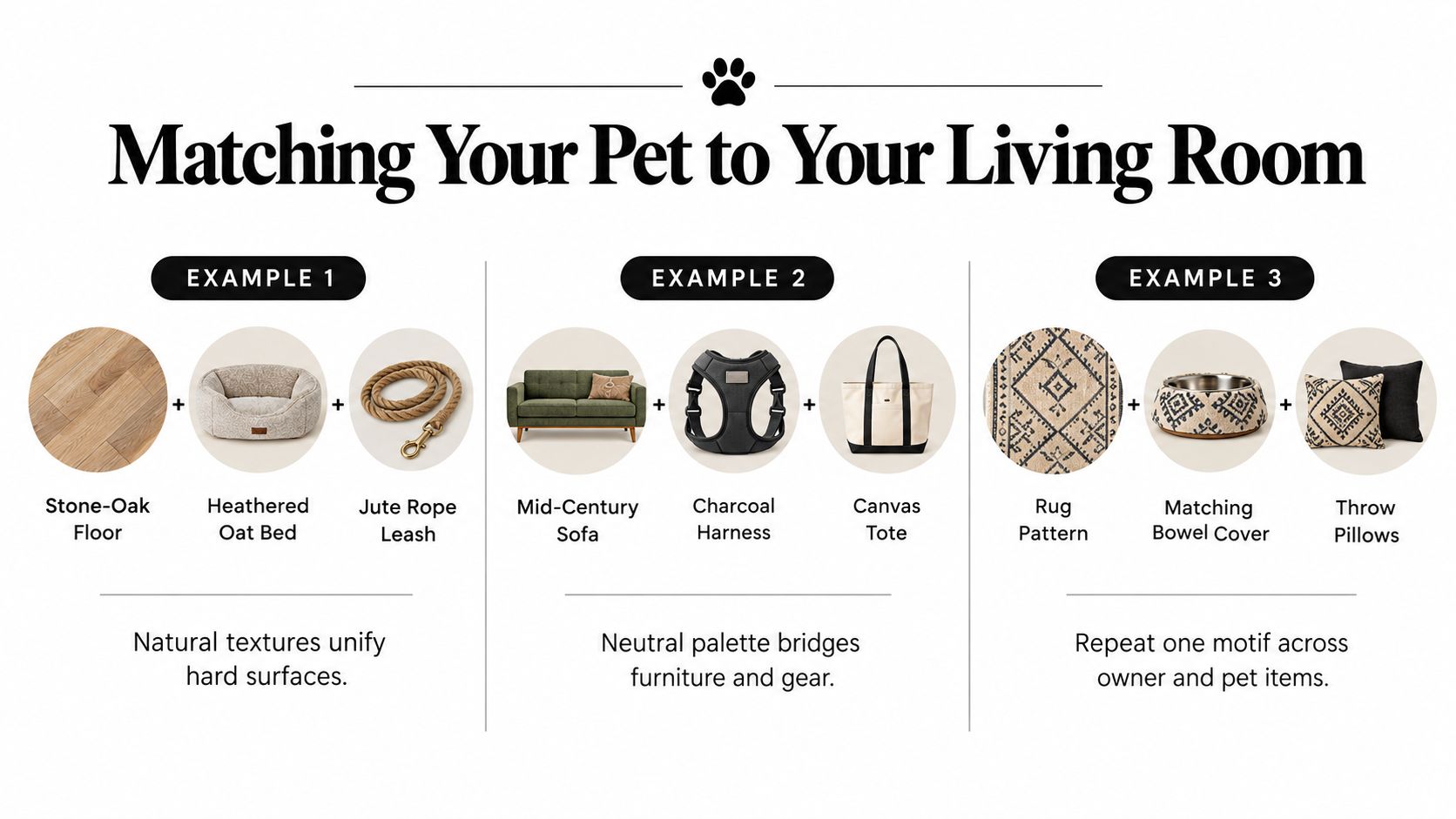 An infographic illustrating three design examples for matching pet accessories with interior living room decor styles.